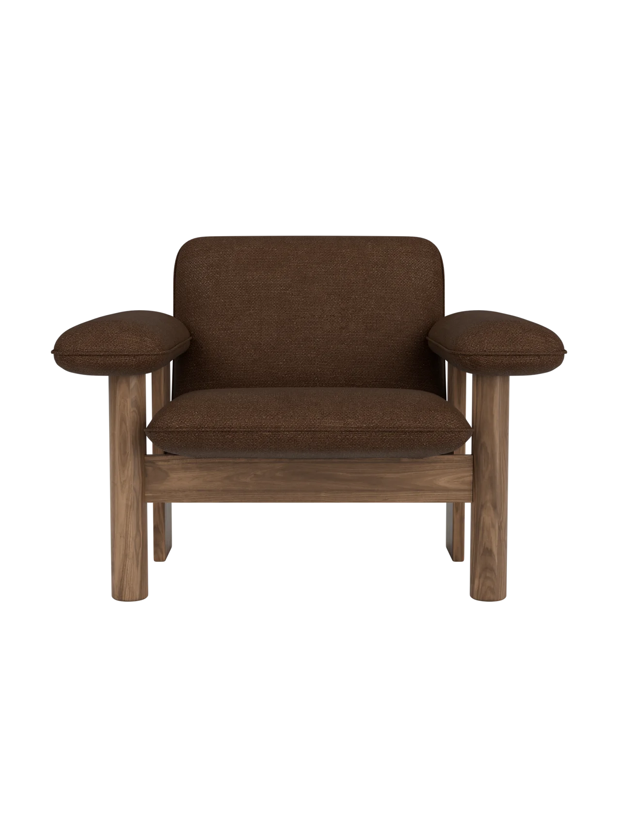 Brasilia Lounge Chair, Low Back, in brown Audo Bouclé 07 upholstery with a solid walnut wood frame.