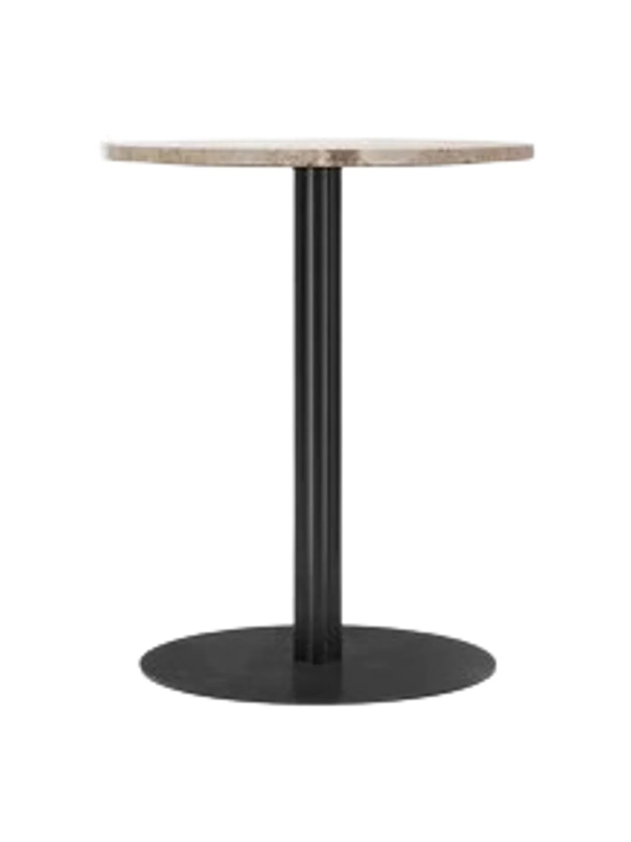 Front view of the Harbour Column Dining Table with a round Kunis Breccia stone top, a slim black metal column and base.