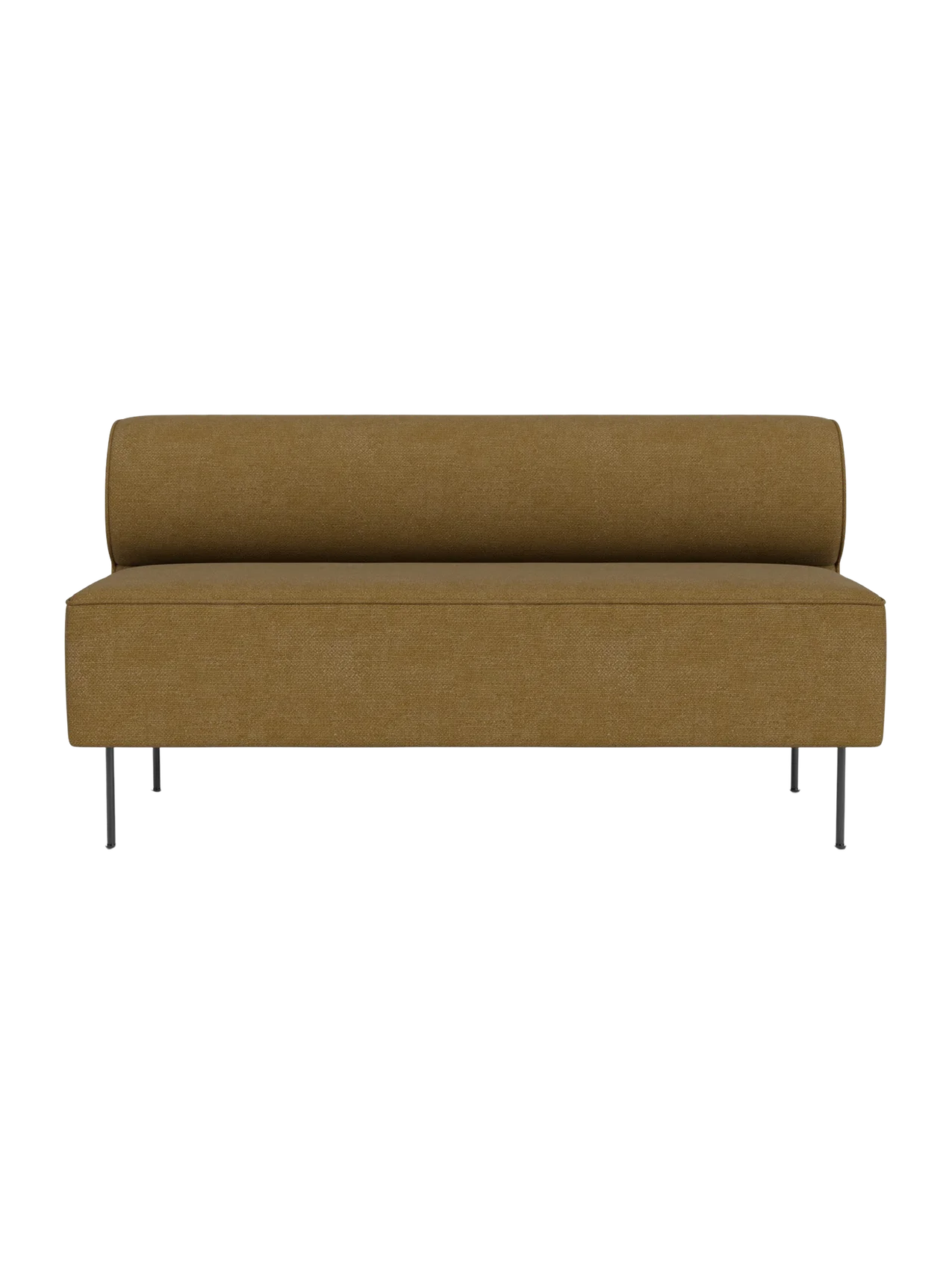 A front view of the Eave Dining Sofa, open section module upholstered in Audo Bouclé 06, a textured golden-brown fabric.