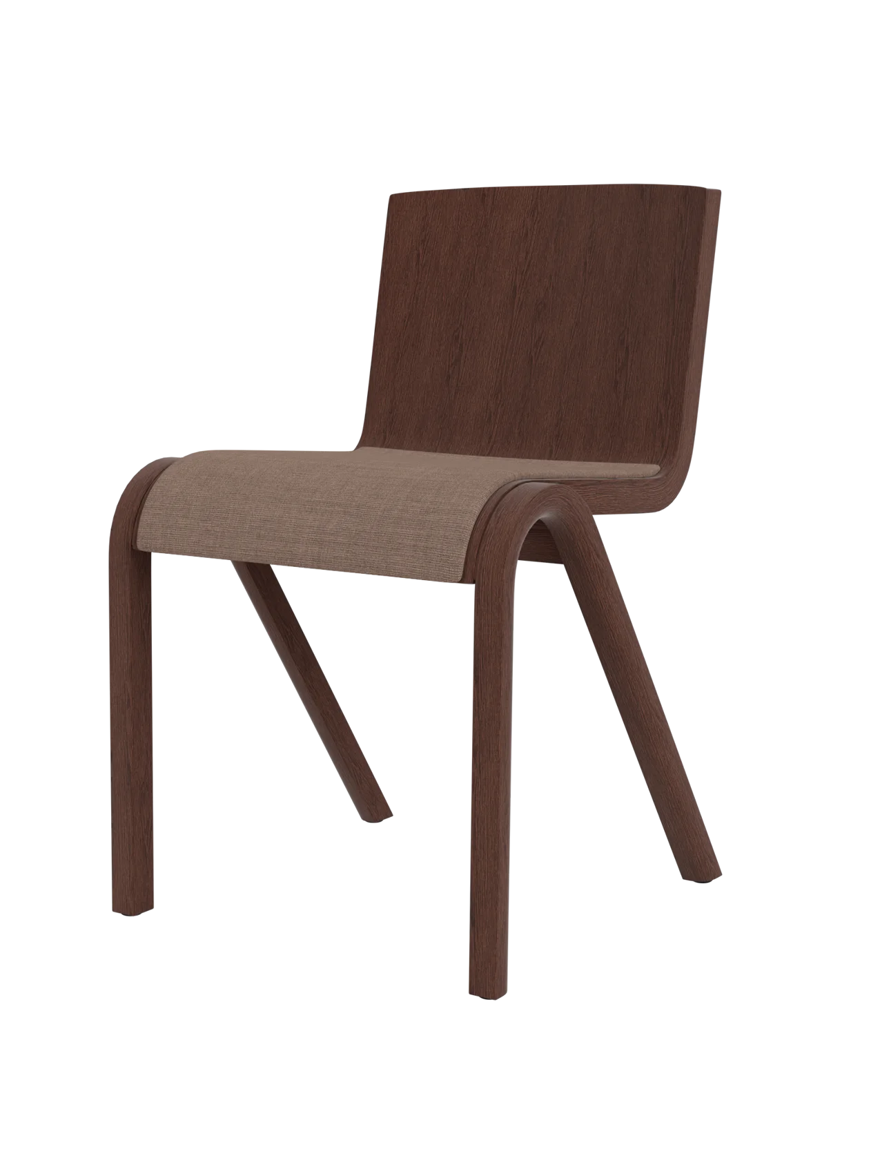 Ready Dining Chair, Seat Upholstered, in red stained oak with a light brown canvas upholstered seat, on a black background.