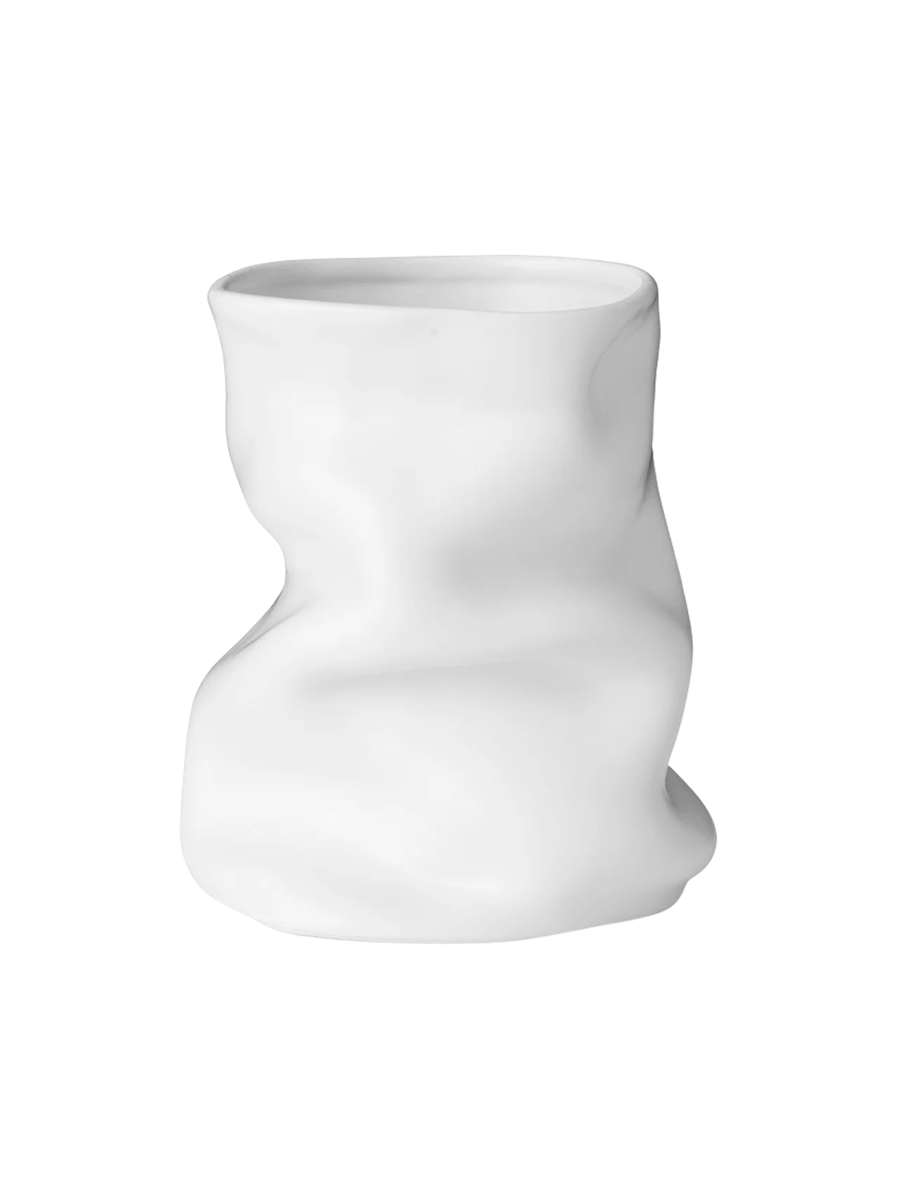 Front view of the white Collapse Vase 20, a sculptural ceramic vase with an organic, crumpled shape, on a black background.