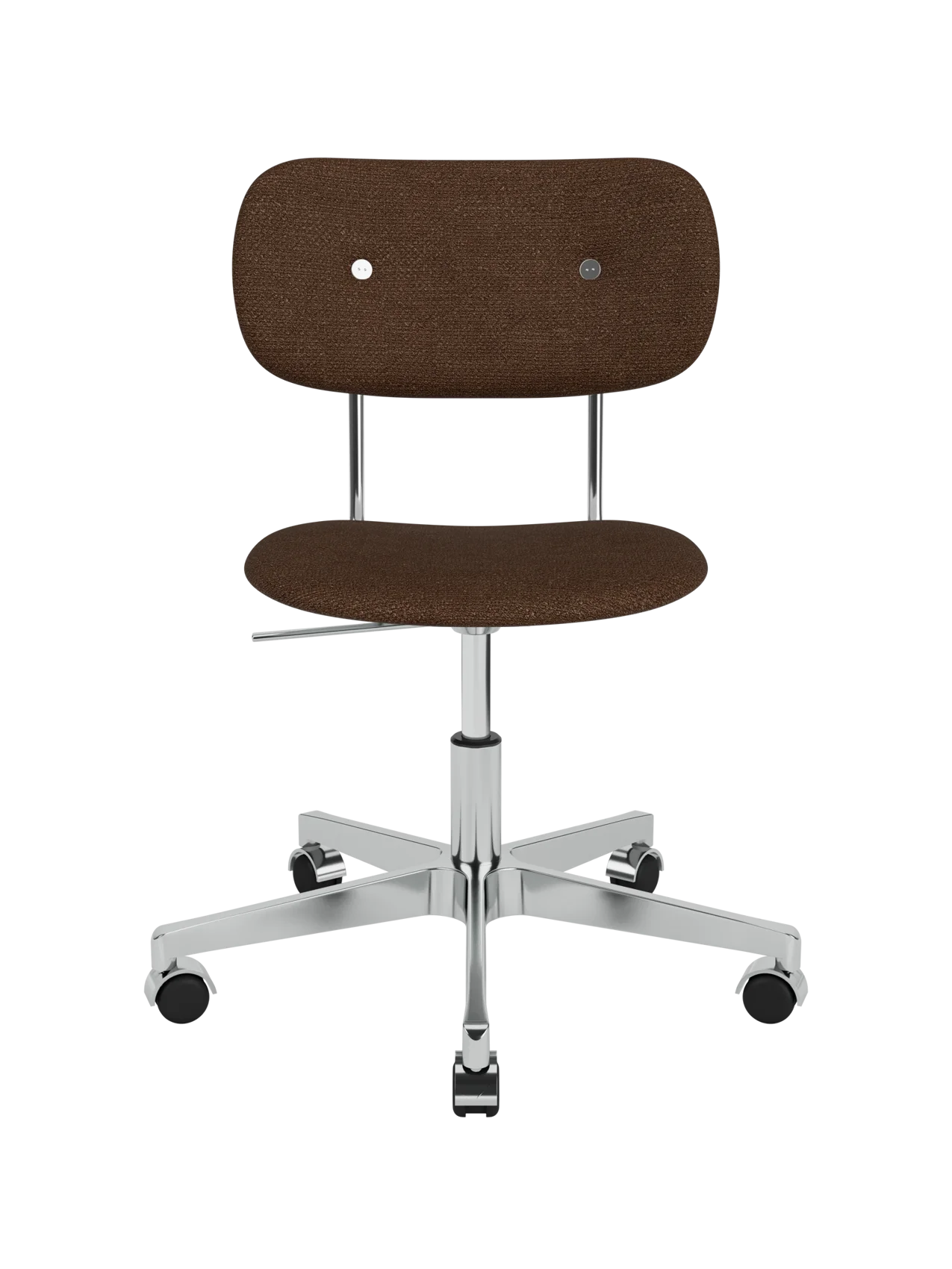 Brown bouclé Co Task Chair featuring an upholstered seat and back on a five-star chrome swivel base with casters.