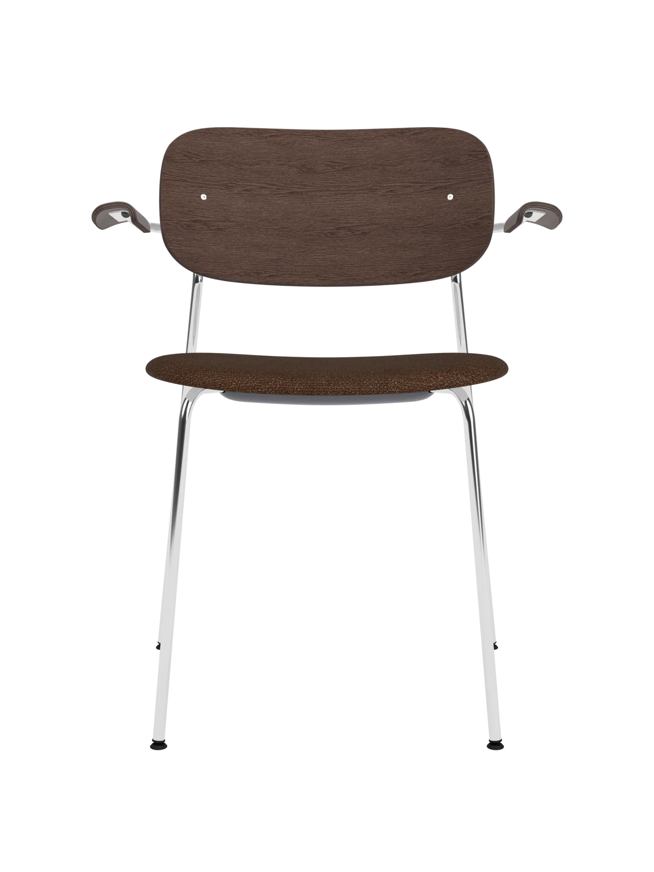 Chrome Co Dining Chair with armrests, a dark stained oak backrest and a dark brown bouclé upholstered seat.