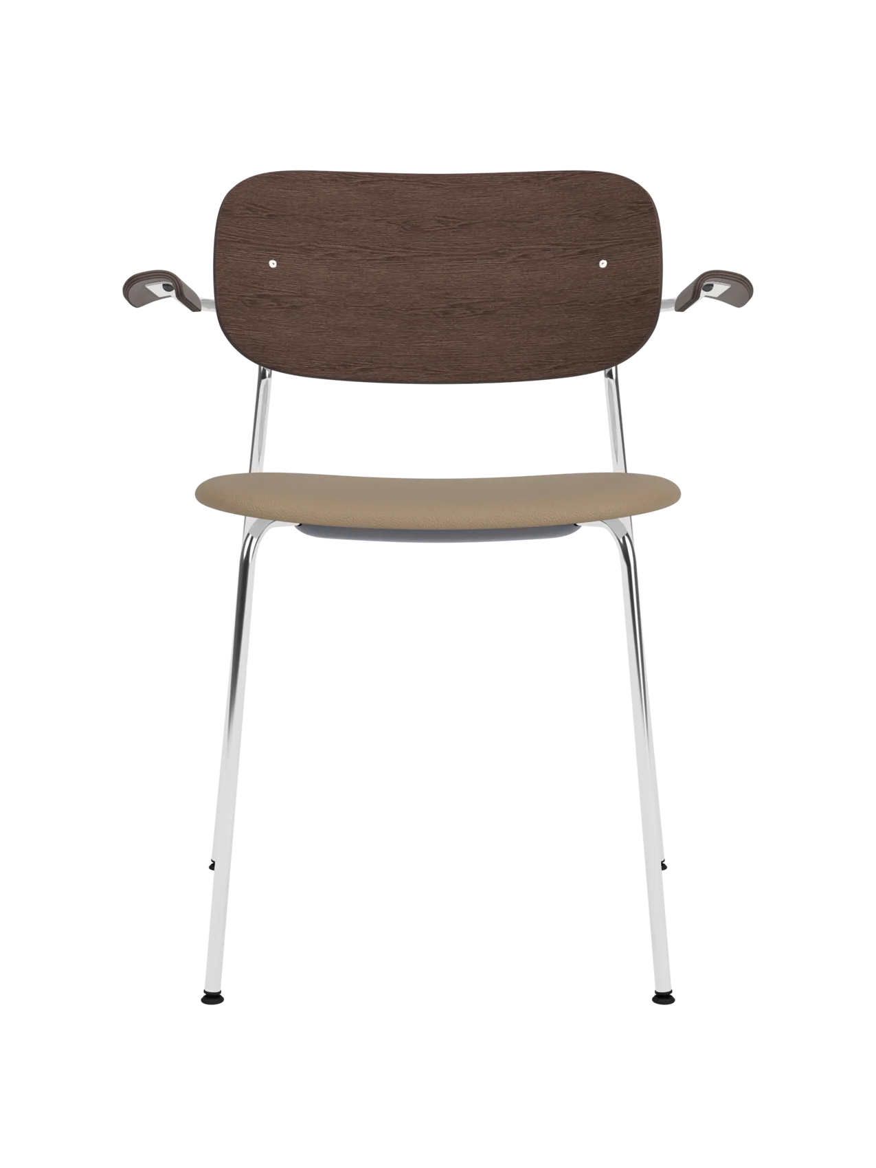 Co Dining Chair with chrome frame, dark stained oak back and tan Sierra leather upholstered seat with armrests.