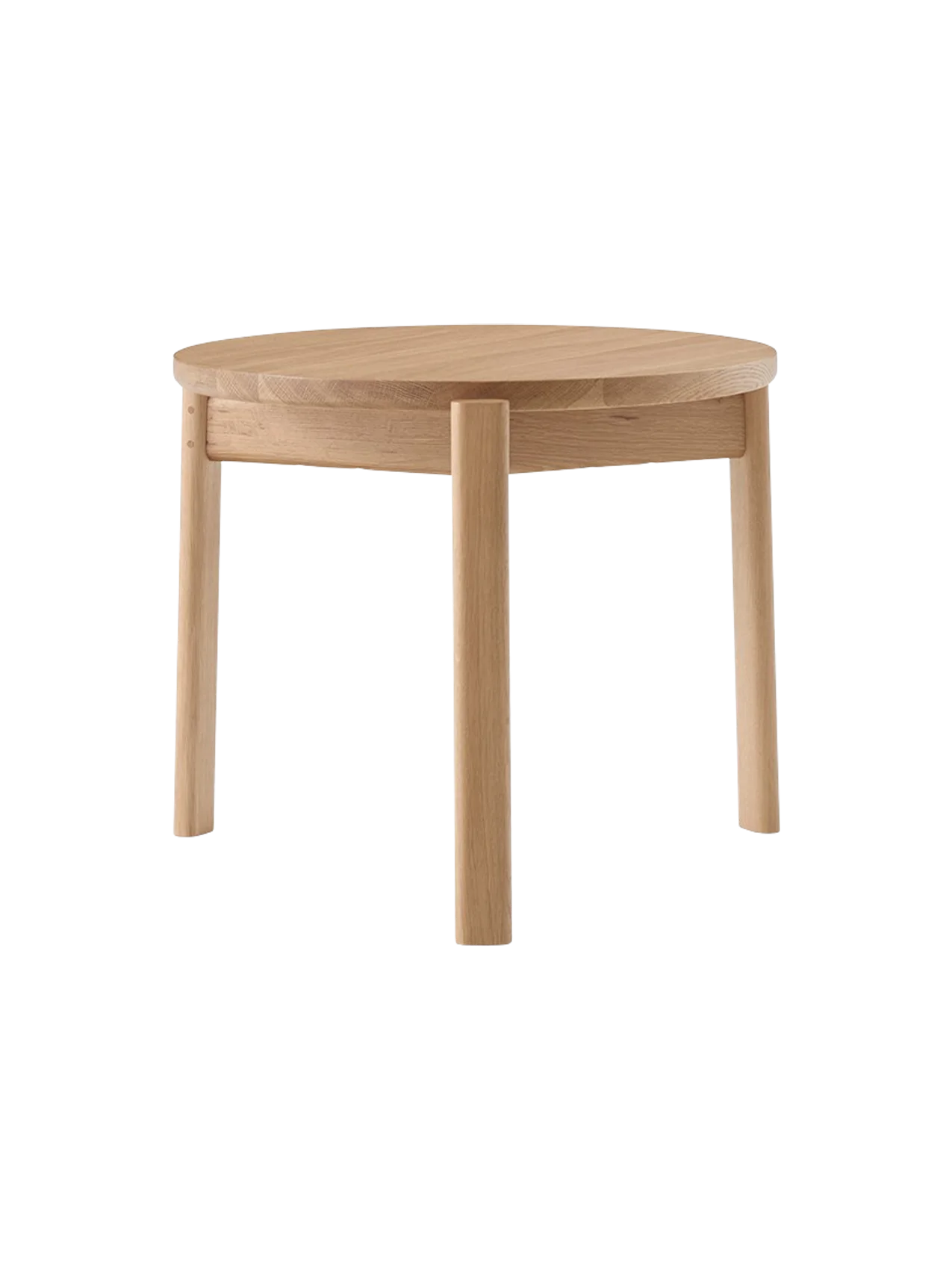 Front view of the Passage Lounge Table in natural oak. The table features a round top and three solid, straight wooden legs.