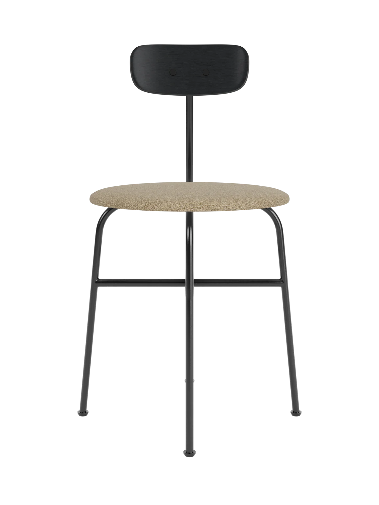 Afteroom Dining Chair with a beige bouclé upholstered seat, black oak backrest and a minimalist black steel frame.