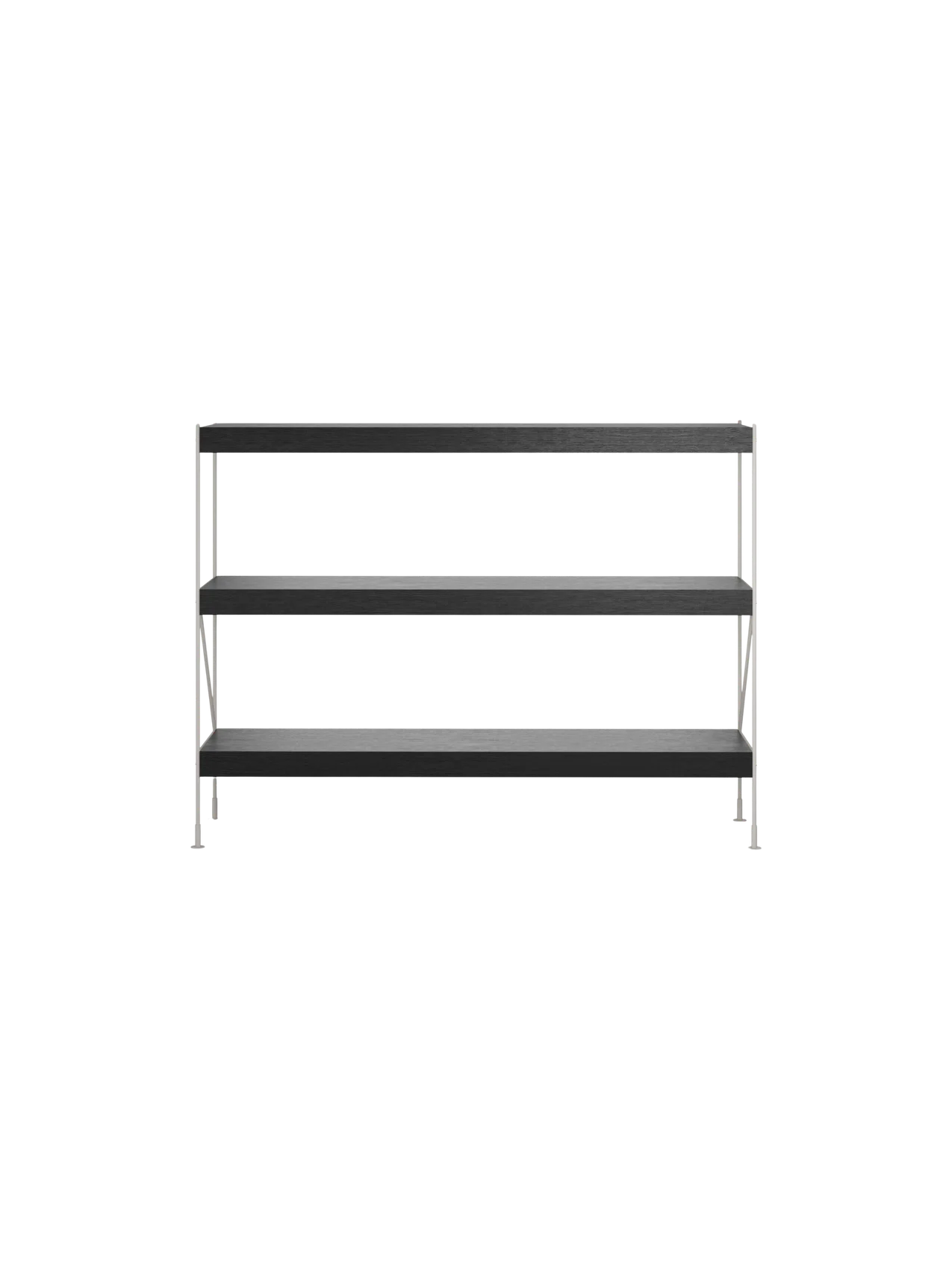 Front-facing view of the Zet Storage System, a three-tier shelving unit with black oak shelves and a slim, ivory steel frame.