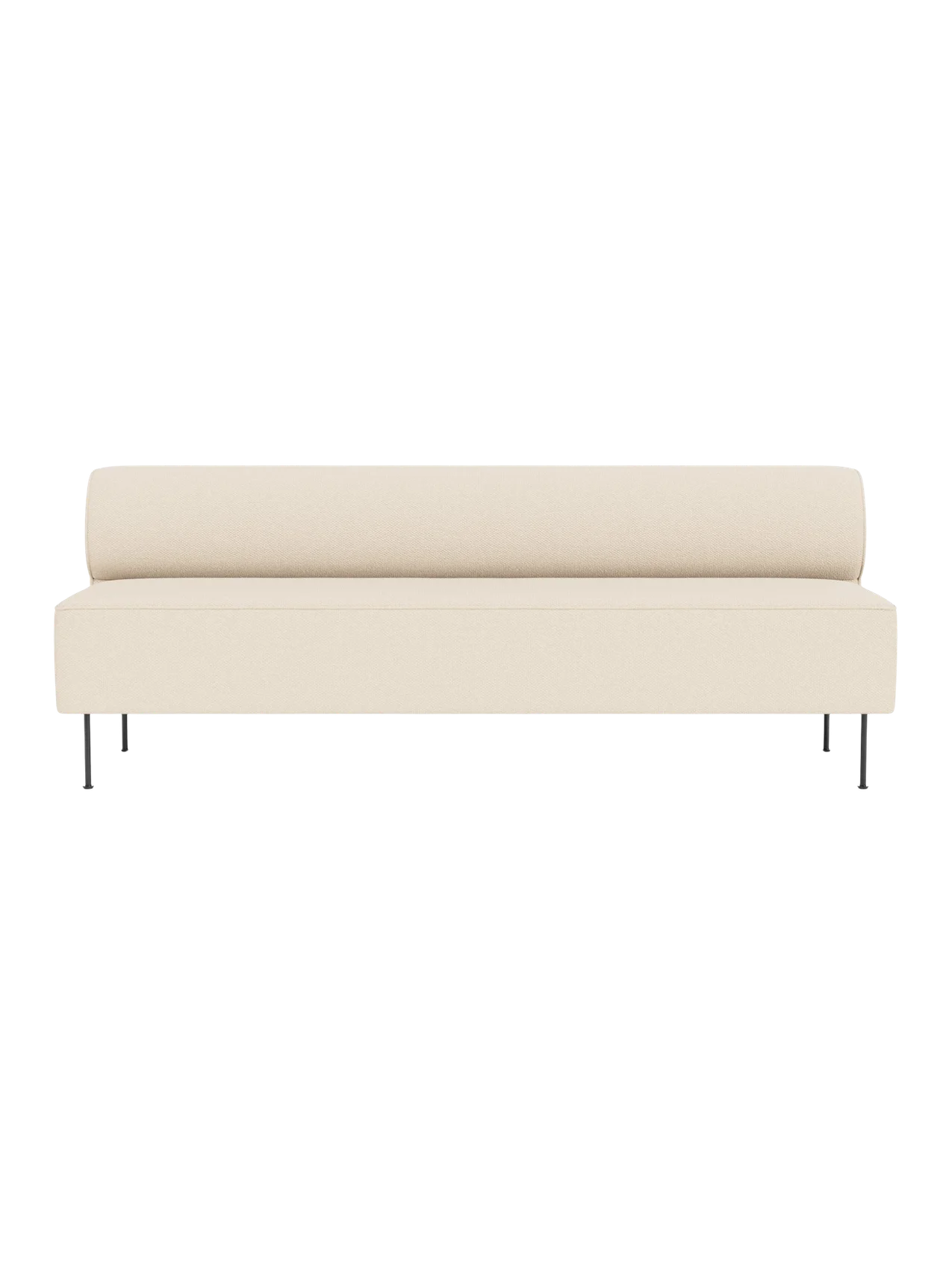 A minimalist Eave Dining Sofa in cream 'Logan Jasmine' fabric, viewed from the front. It features a long seat and slim legs.