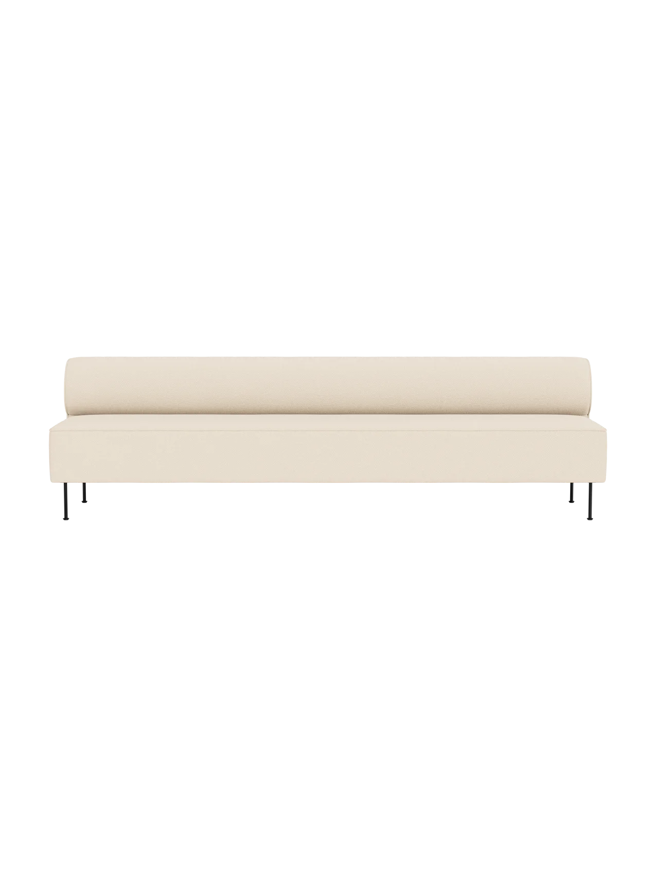 Front view of the Eave Dining Sofa, upholstered in cream-coloured Logan Jasmine fabric, with a low back and thin black legs.