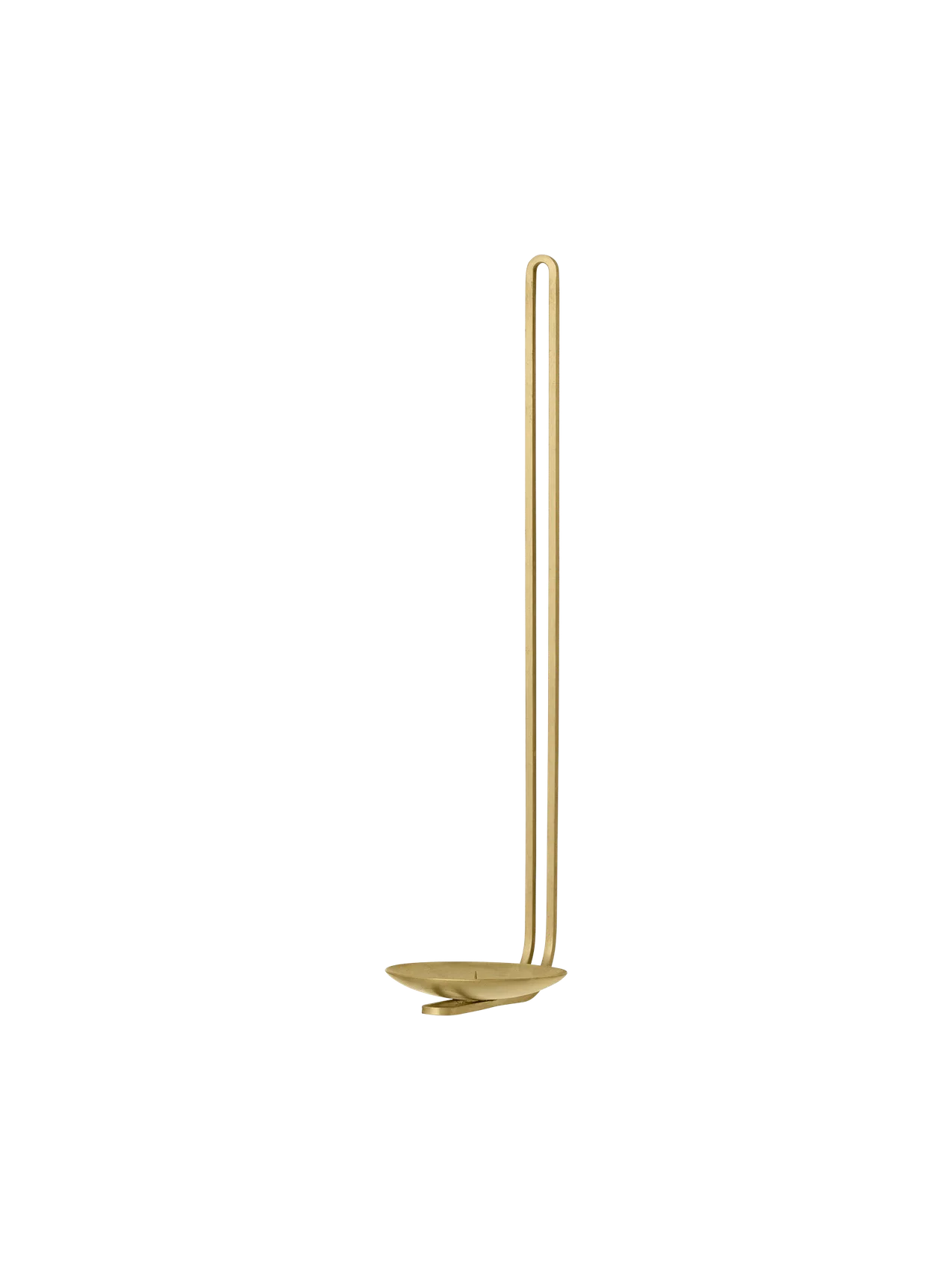The Clip Candle Holder for walls, in brass, seen from an angle. It has a tall, slender design with a looped handle.