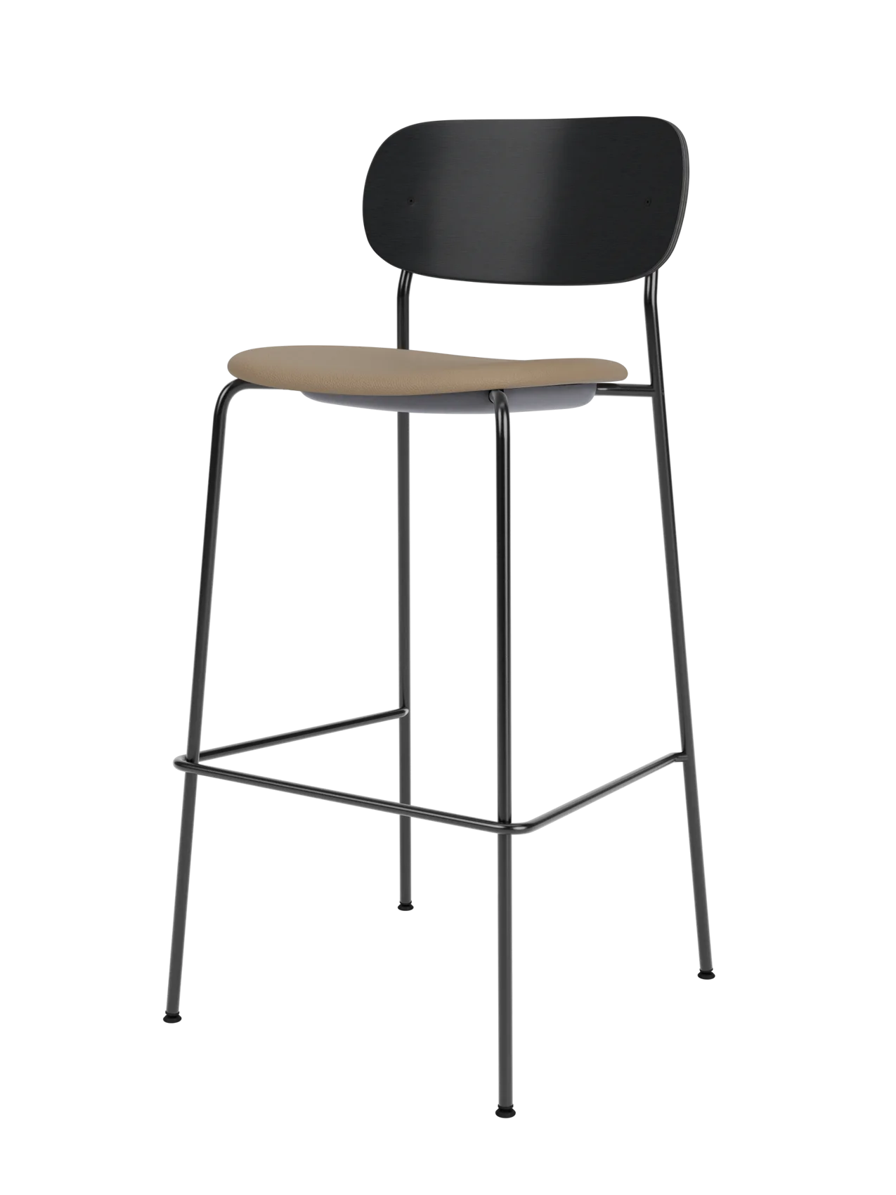 Co Bar Chair featuring a black painted oak backrest, Sierra 1611 upholstered seat and slender black steel frame.