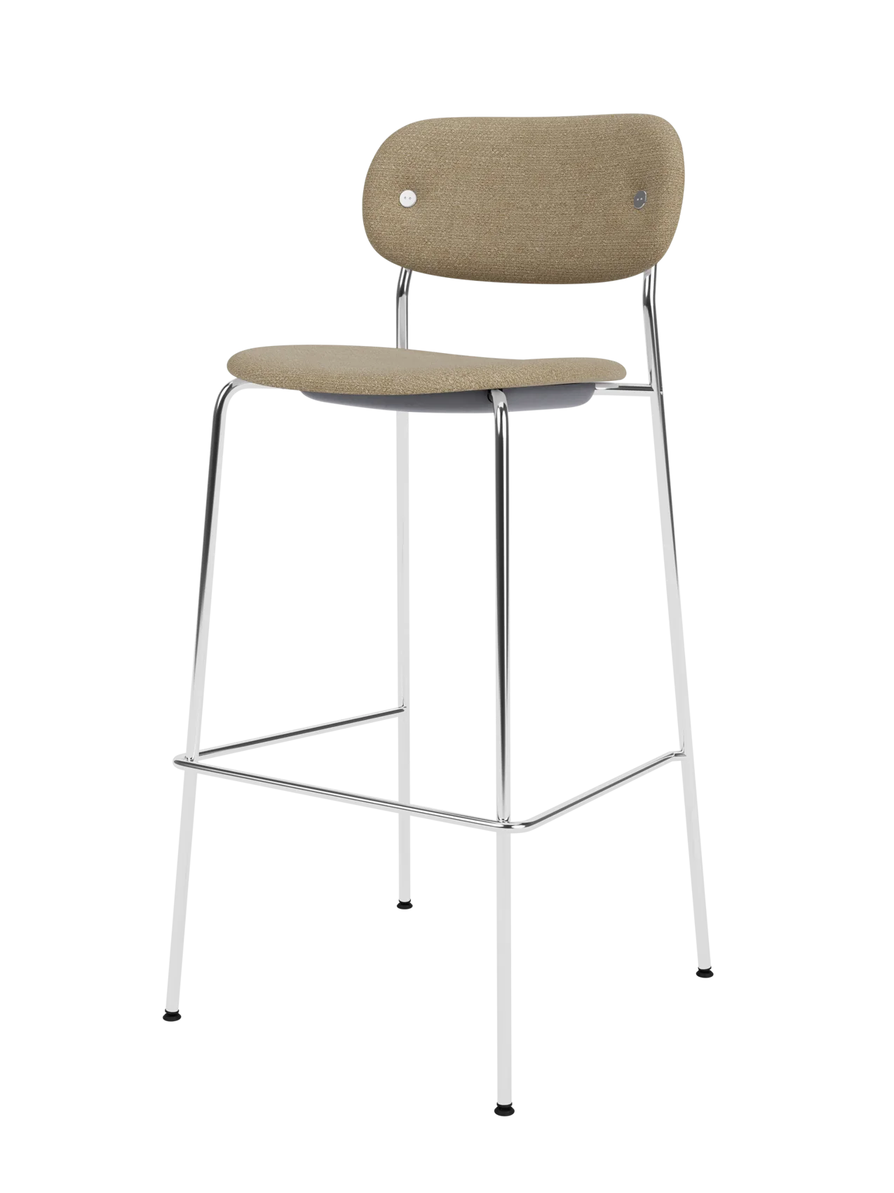 Co Bar Chair featuring beige bouclé upholstery and a slender chrome frame with an integrated footrest.