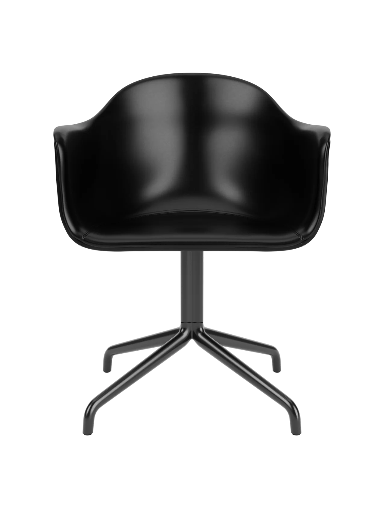 Harbour Dining Chair featuring black leather upholstery and a powder-coated black star swivel base.