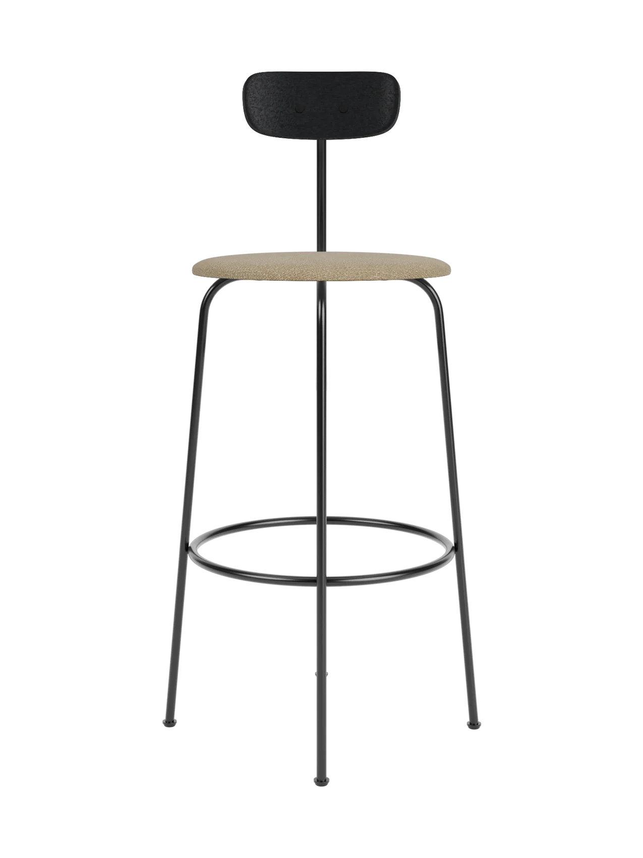 Afteroom Bar Chair featuring a black painted oak backrest and beige Audo Bouclé upholstered seat on a black steel frame.