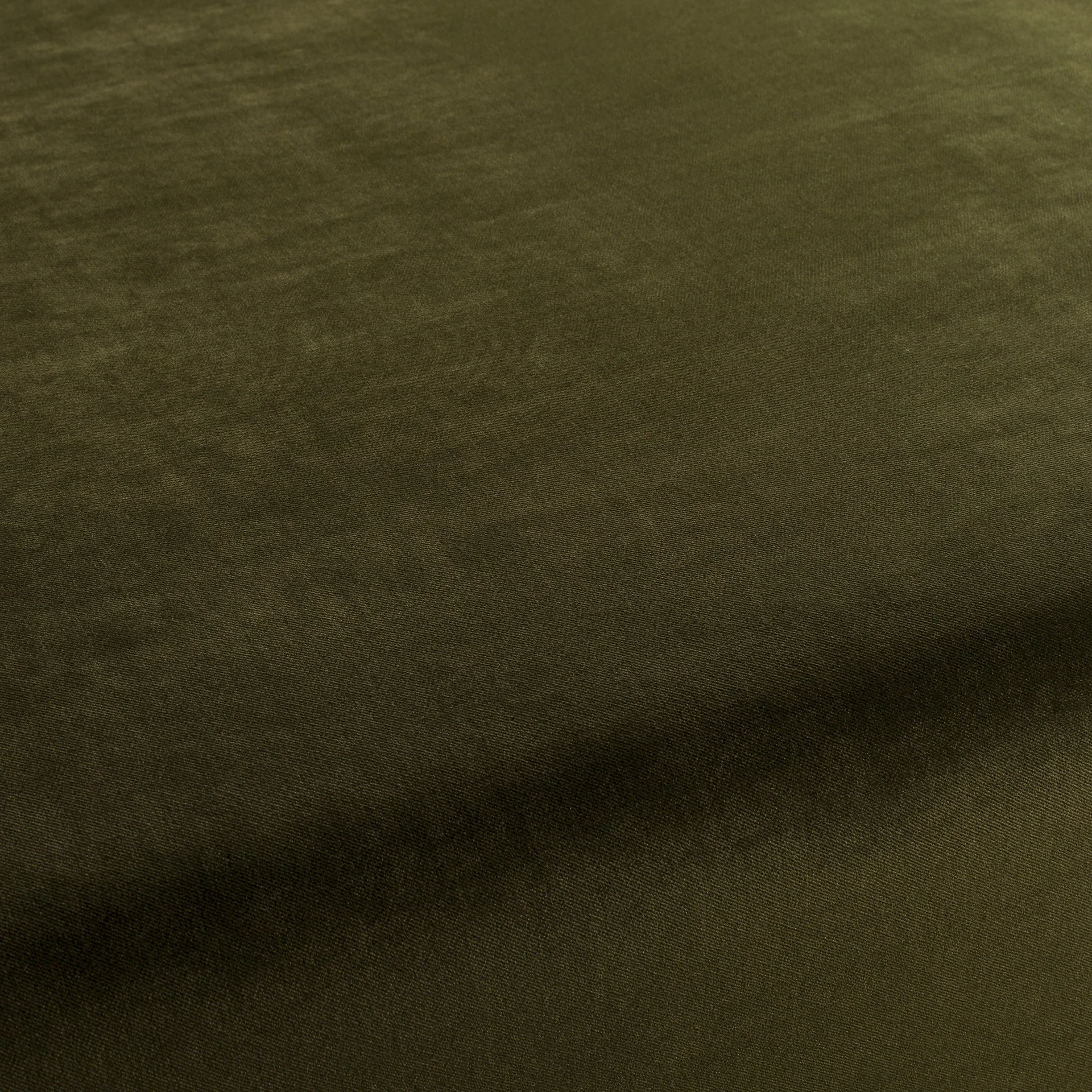 Olive green velvet fabric swatch with soft nap texture and subtle sheen, close-up surface detail