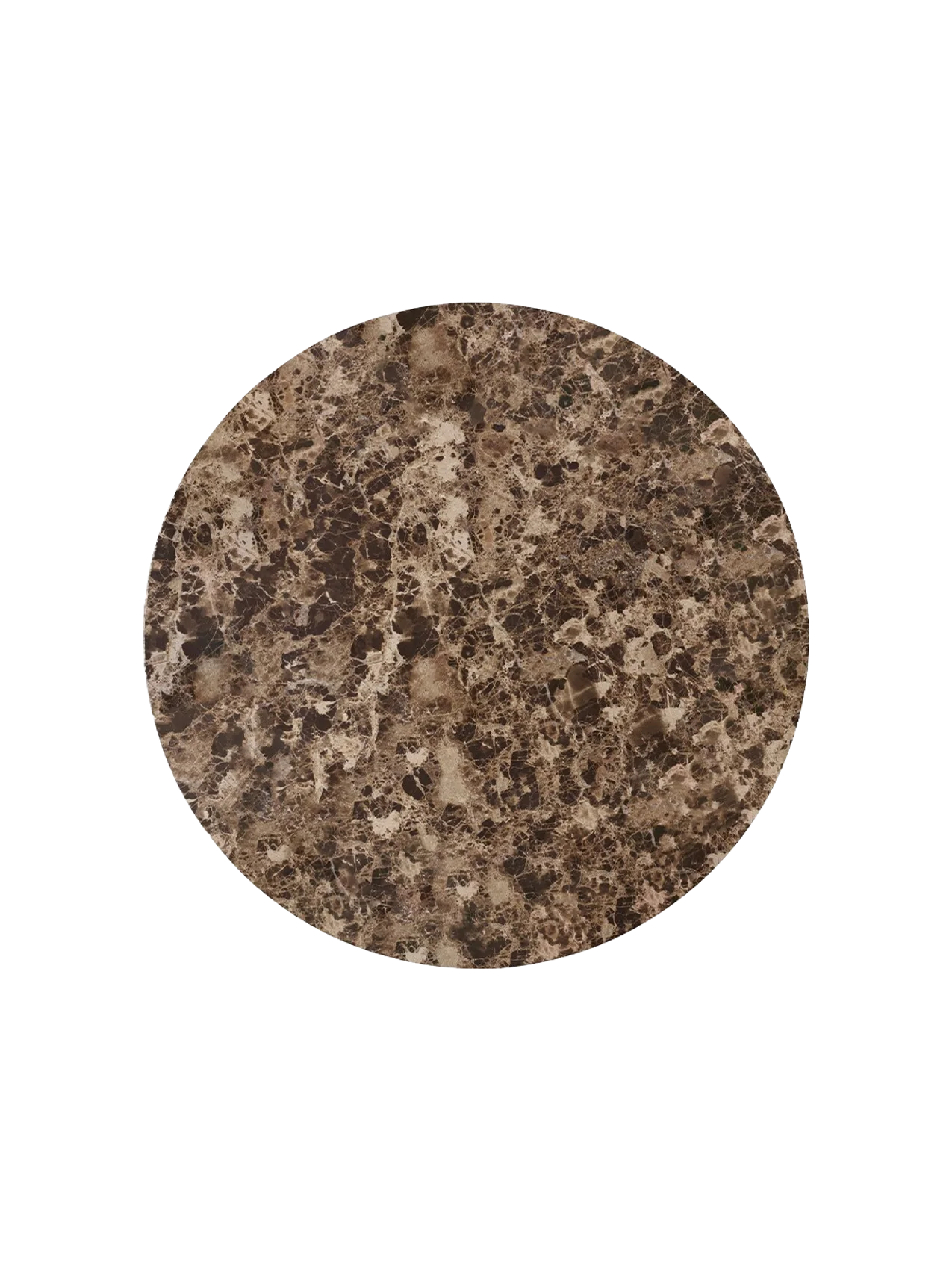 Top-down view of the circular Androgyne Side Tabletop, showcasing the intricate brown and beige veining of Emperador marble.