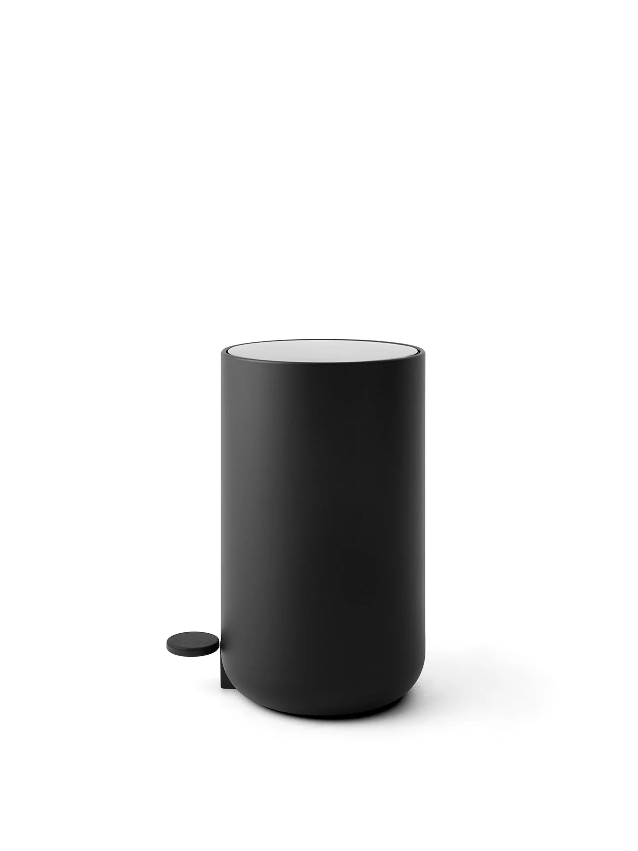 A front view of the Audo CPH Pedal Bin, 11L, in matte black. The cylindrical bin has a closed lid and a small foot pedal.