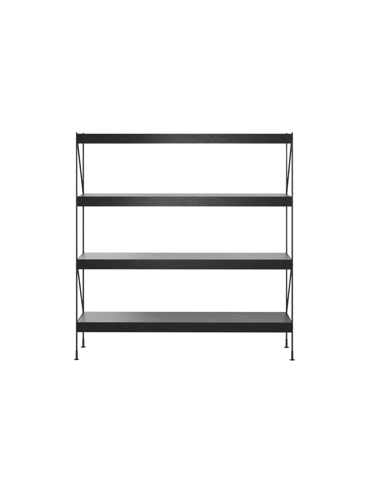 A front view of the empty Zet Storage System, a four-tiered shelving unit with black oak shelves and a black steel frame.