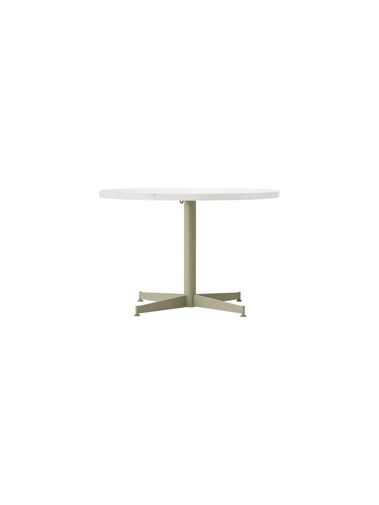 A front view of the Nook Lounge Table, featuring a round, white Estremoz marble top and an olive powder-coated steel base.