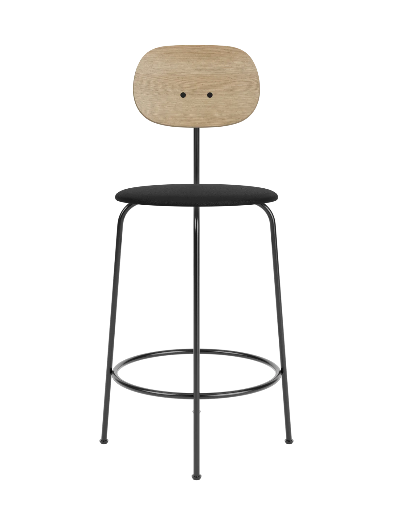 Afteroom Counter Chair Plus with natural oak backrest, black upholstered seat and a slender black metal frame.