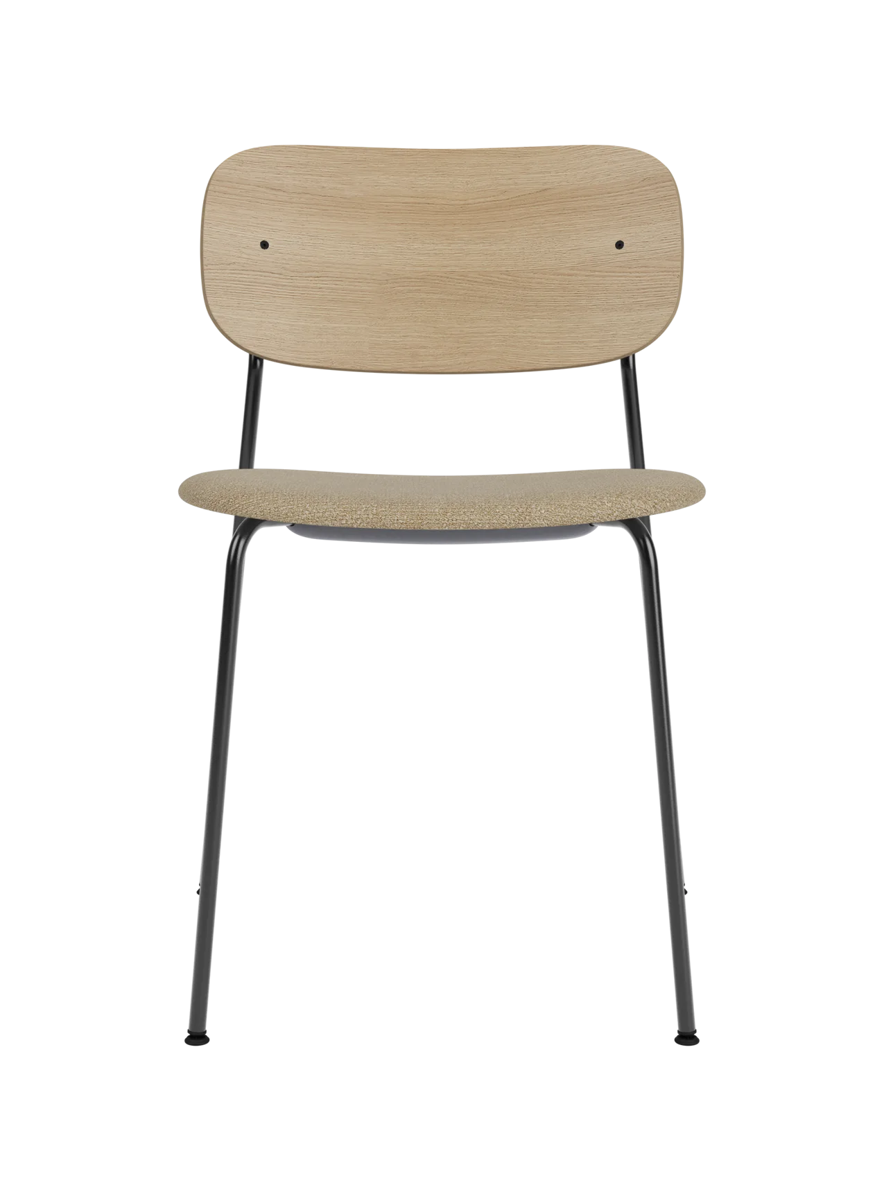 Co Dining Chair with black powder-coated steel frame, natural oak backrest and beige Audo Bouclé upholstered seat.