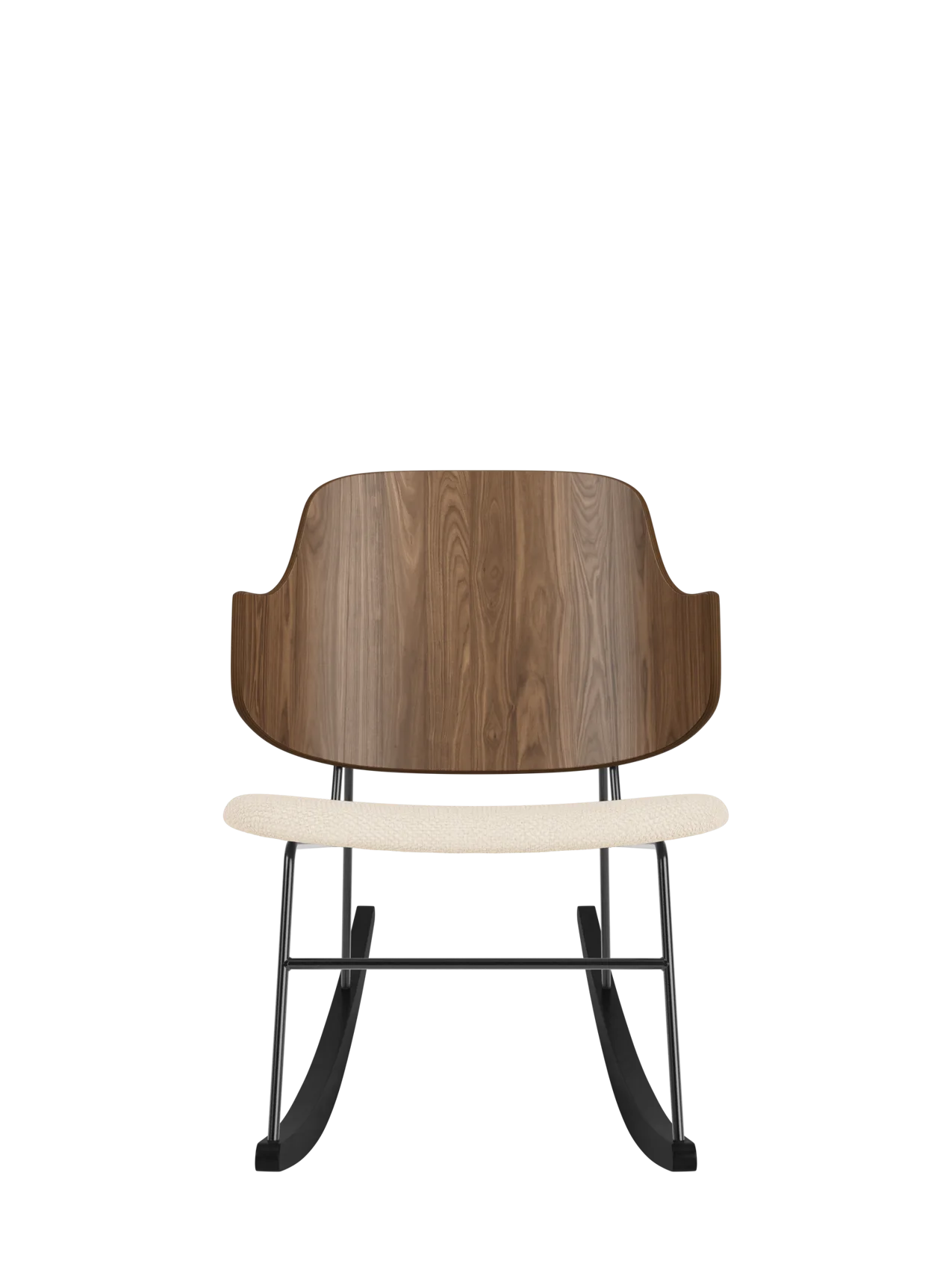 The Penguin Rocking Chair featuring a curved walnut back and Logan Jasmine upholstered seat on a black steel frame.