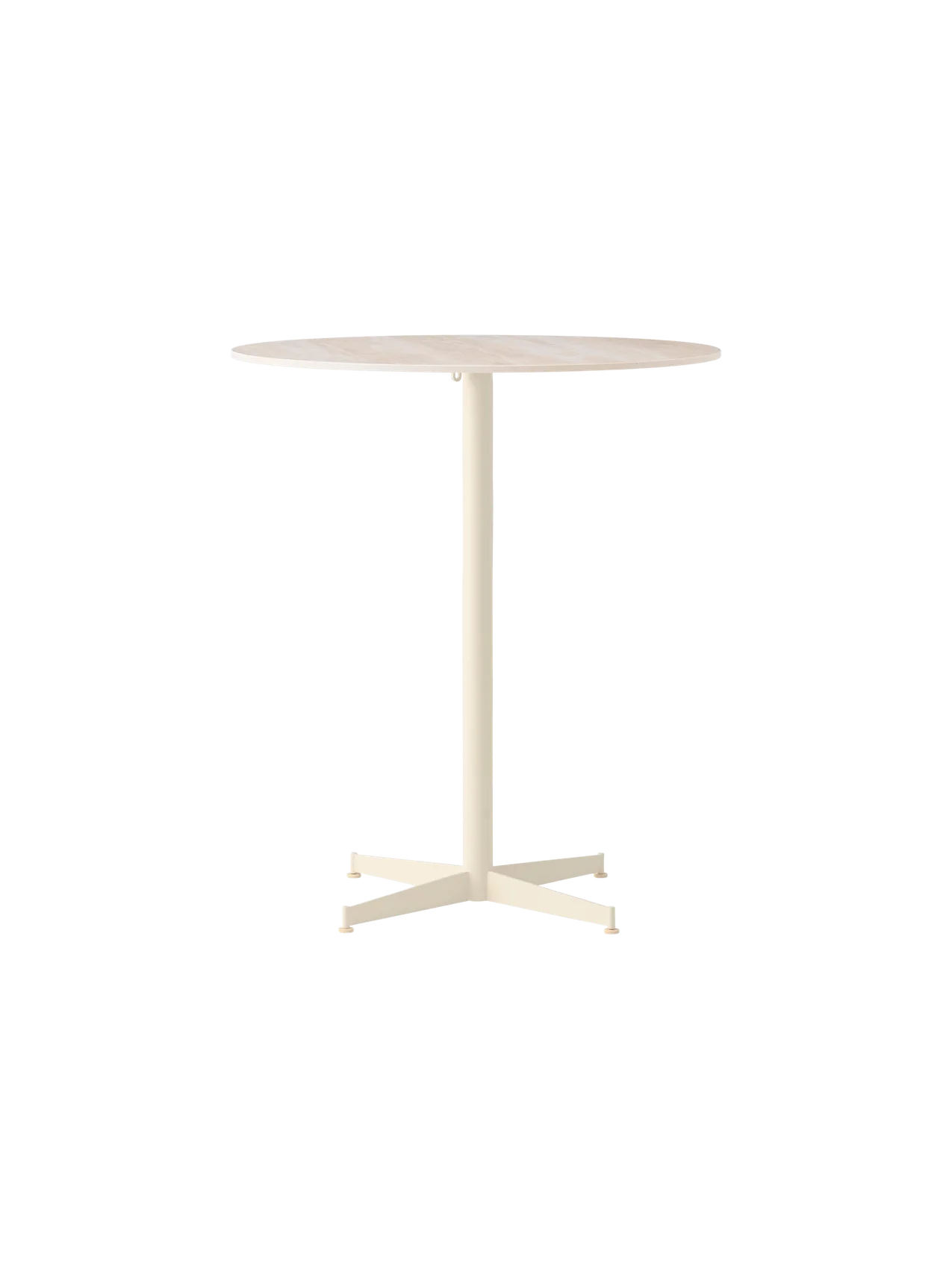 Front view of the Nook Counter Table, with a round, light-coloured marble top on a slim, ivory pedestal base with four feet.
