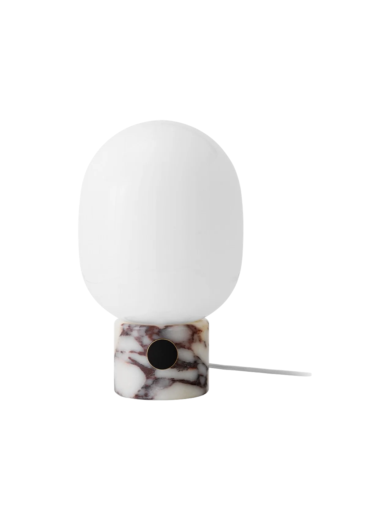 Front view of the turned-off JWDA Table Lamp, Large with a Calacatta Viola marble base, brass dimmer and opal glass shade.
