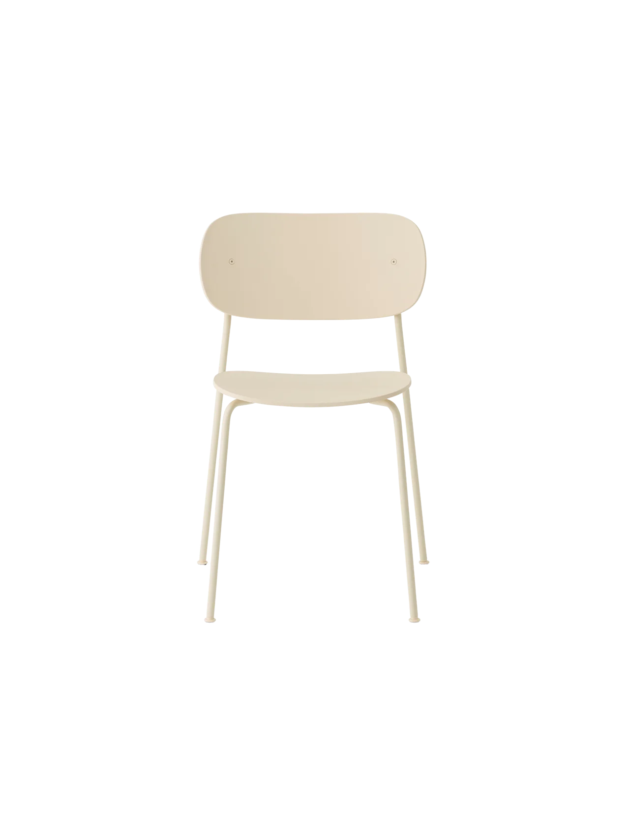 A front-facing view of the Co Dining Chair, Outdoor, in an ivory finish. The minimalist chair has no armrests.