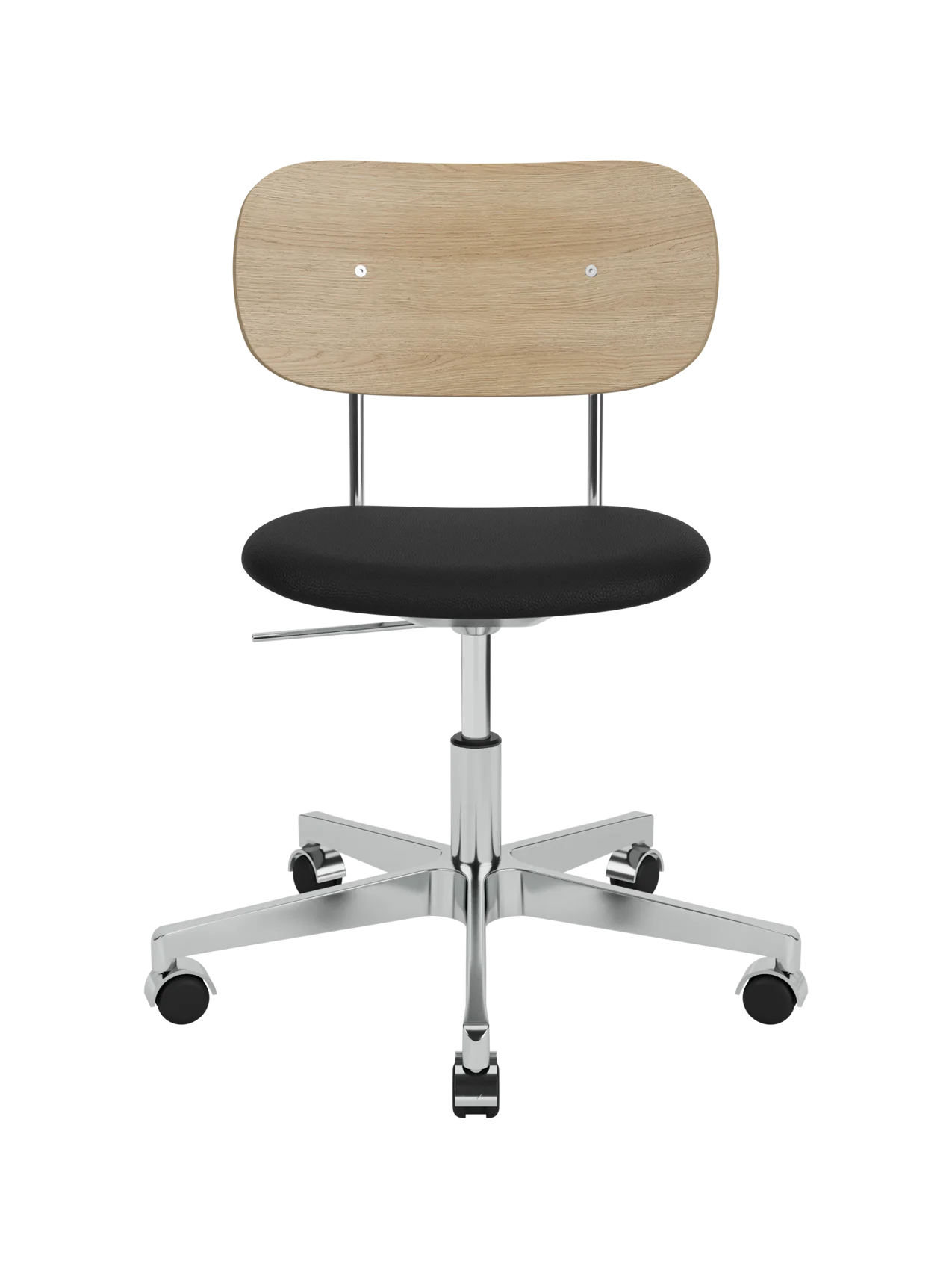 Co Task Chair with natural oak backrest, black leather seat and polished aluminium swivel base with castors.
