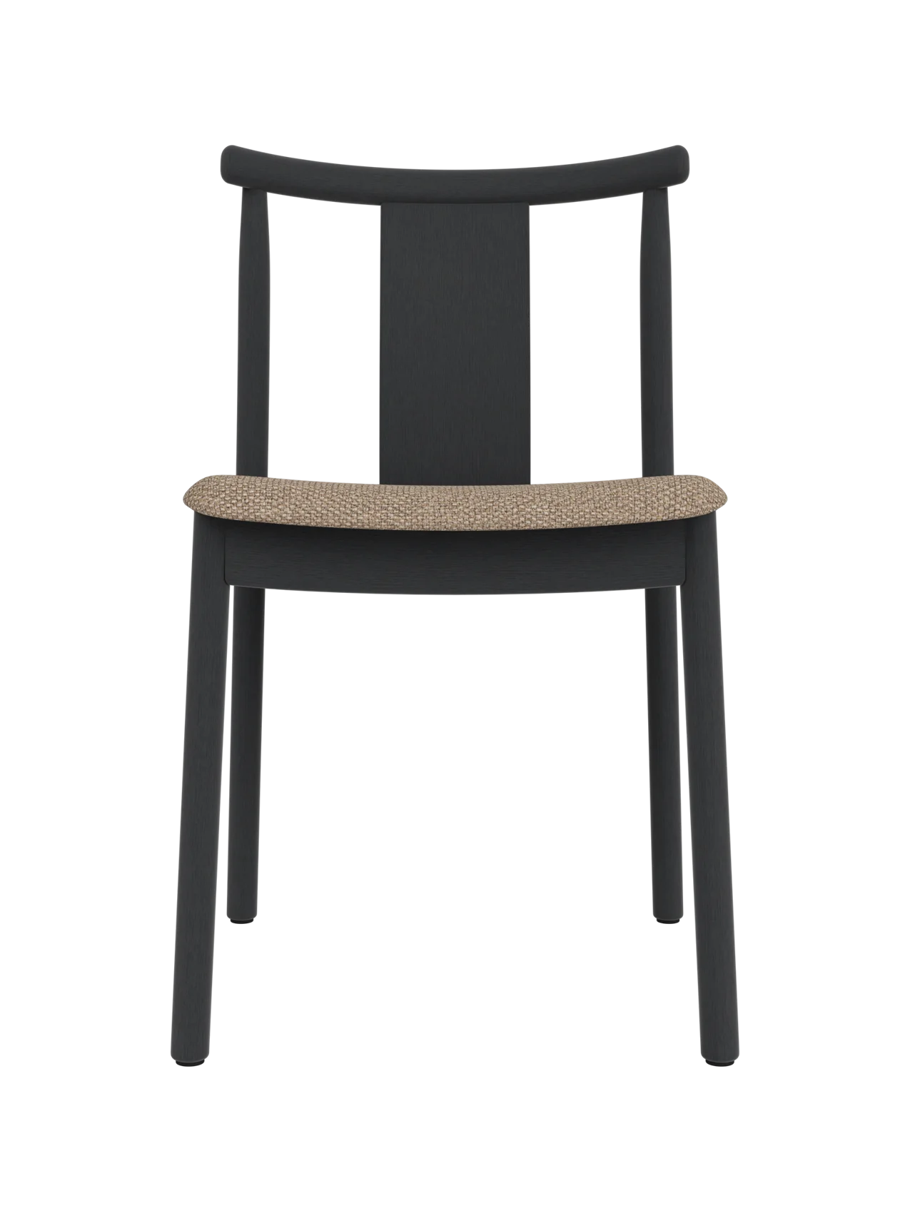 Black stained oak Merkur Dining Chair with a textured Logan Flint upholstered seat, shown from the front.