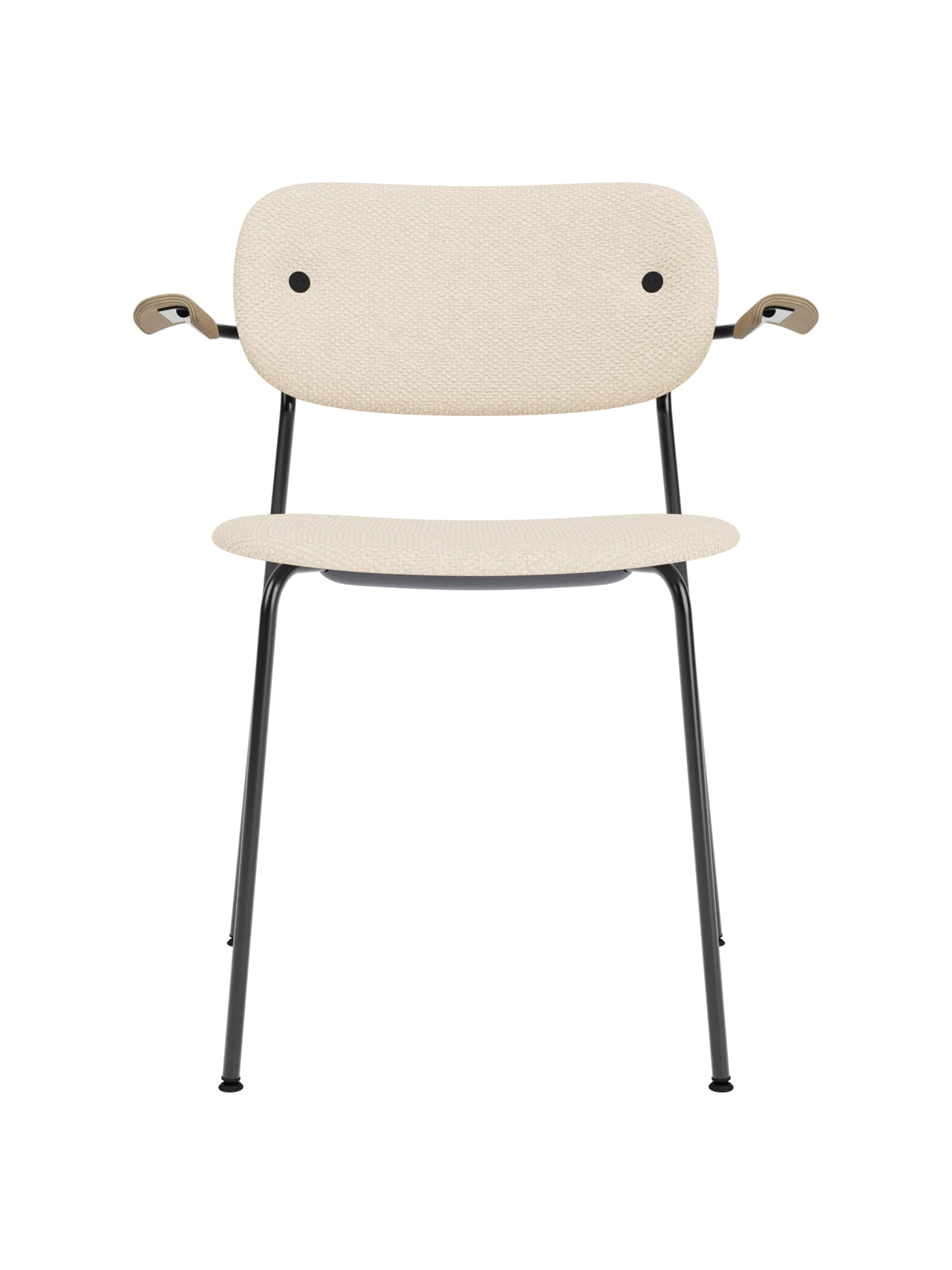 Co Dining Chair with armrests in beige Logan Jasmine upholstery, natural oak and a black powder-coated steel frame.