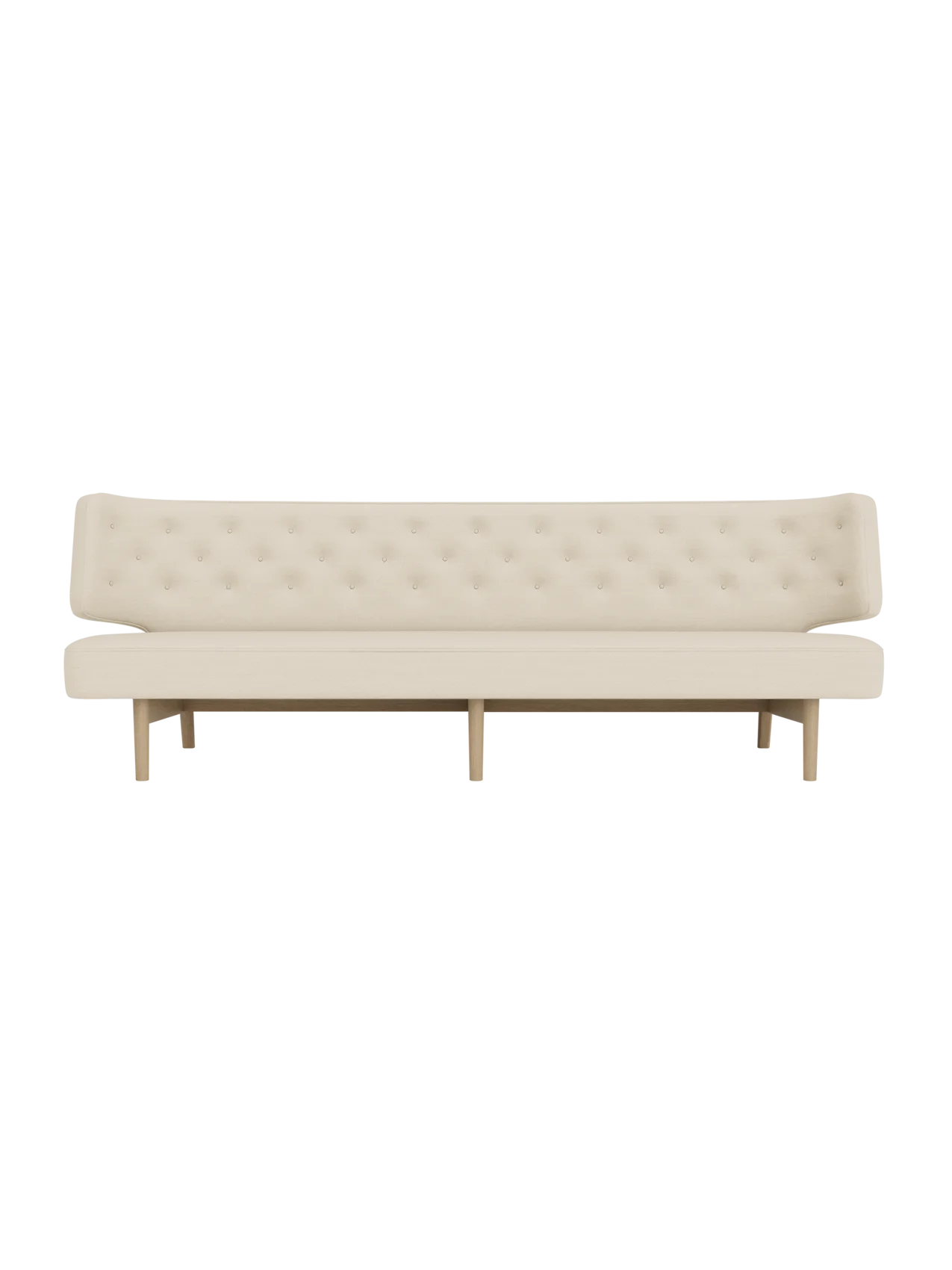 A front view of the Radiohus Sofa P3, featuring light cream upholstery with a button-tufted backrest on a natural oak frame.