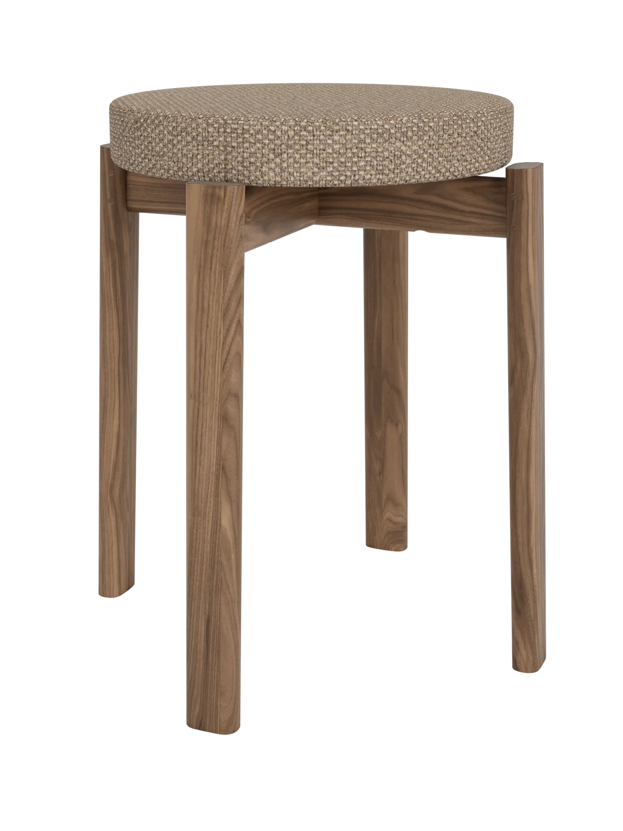 Passage Stool with a Logan Flint upholstered seat and dark solid walnut frame.