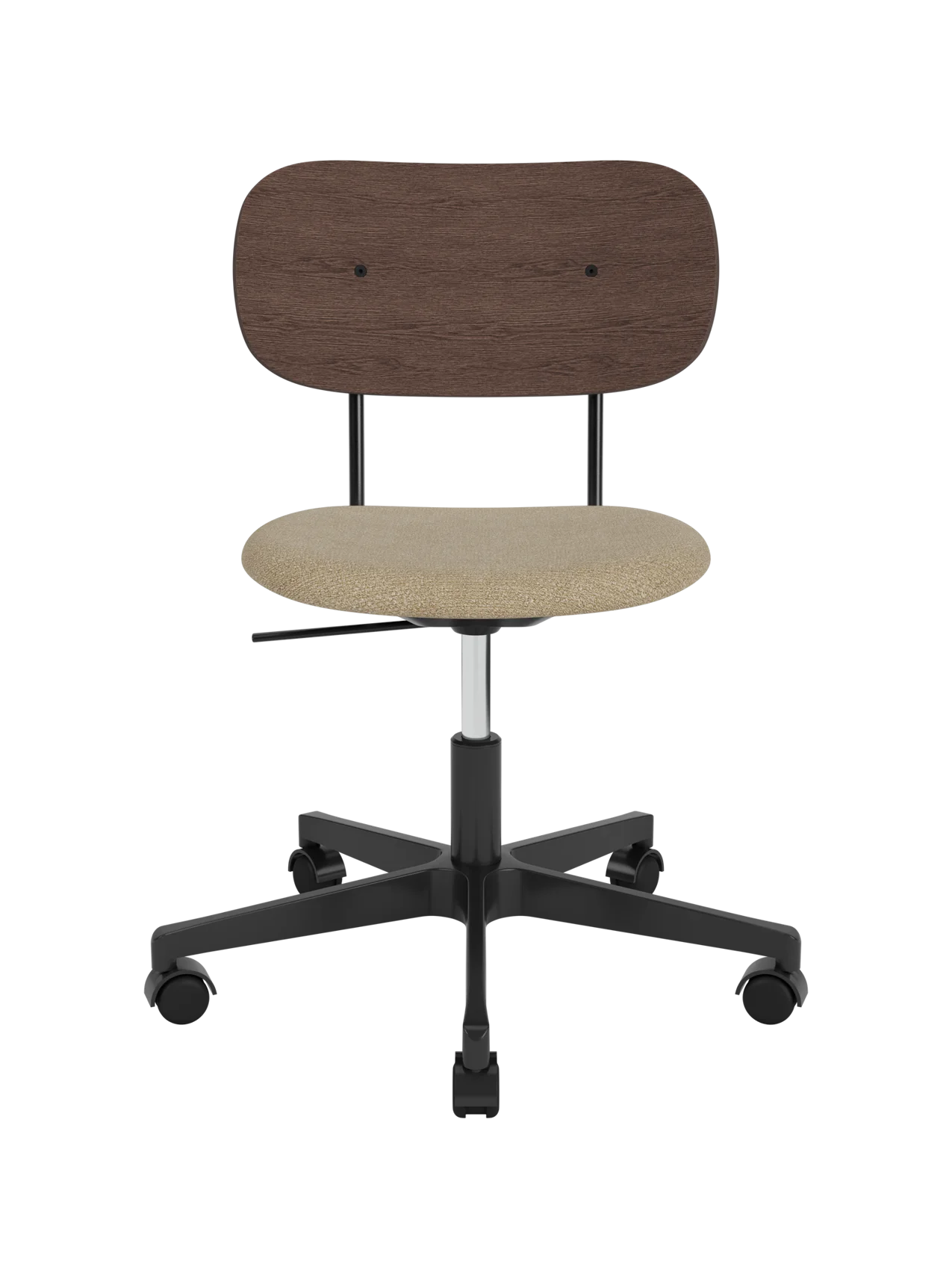 Co Task Chair featuring a dark stained oak back, beige bouclé seat and a black five-star swivel base with castors.