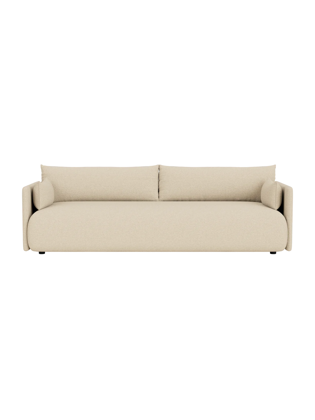 Top-down view of the Offset Sofa, a 3-seater upholstered in light beige Logan Sand fabric, isolated on a black background.
