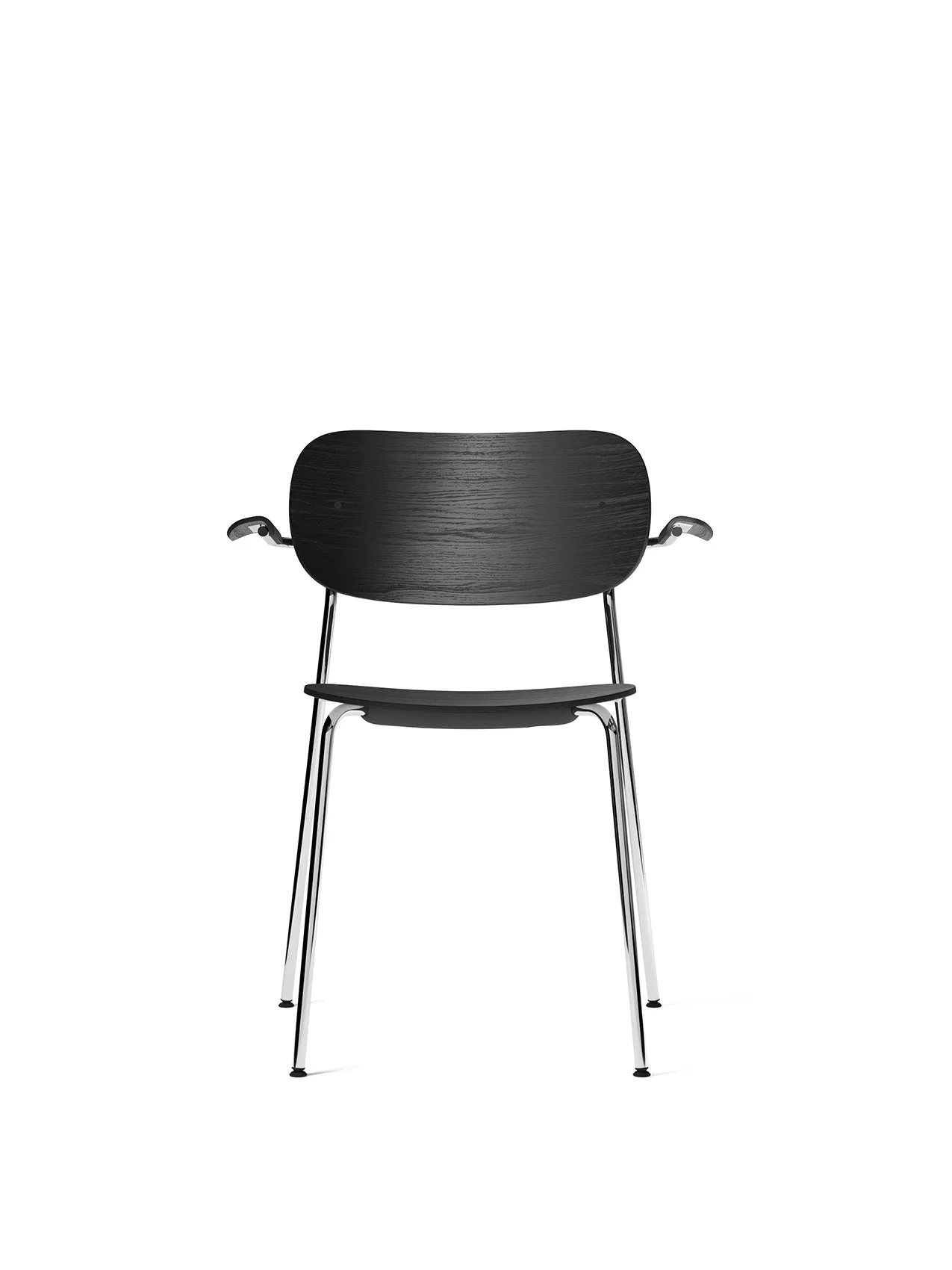 Front view of the Co Dining Chair with Armrest, featuring a black oak veneer seat and backrest set on a slender chrome frame.