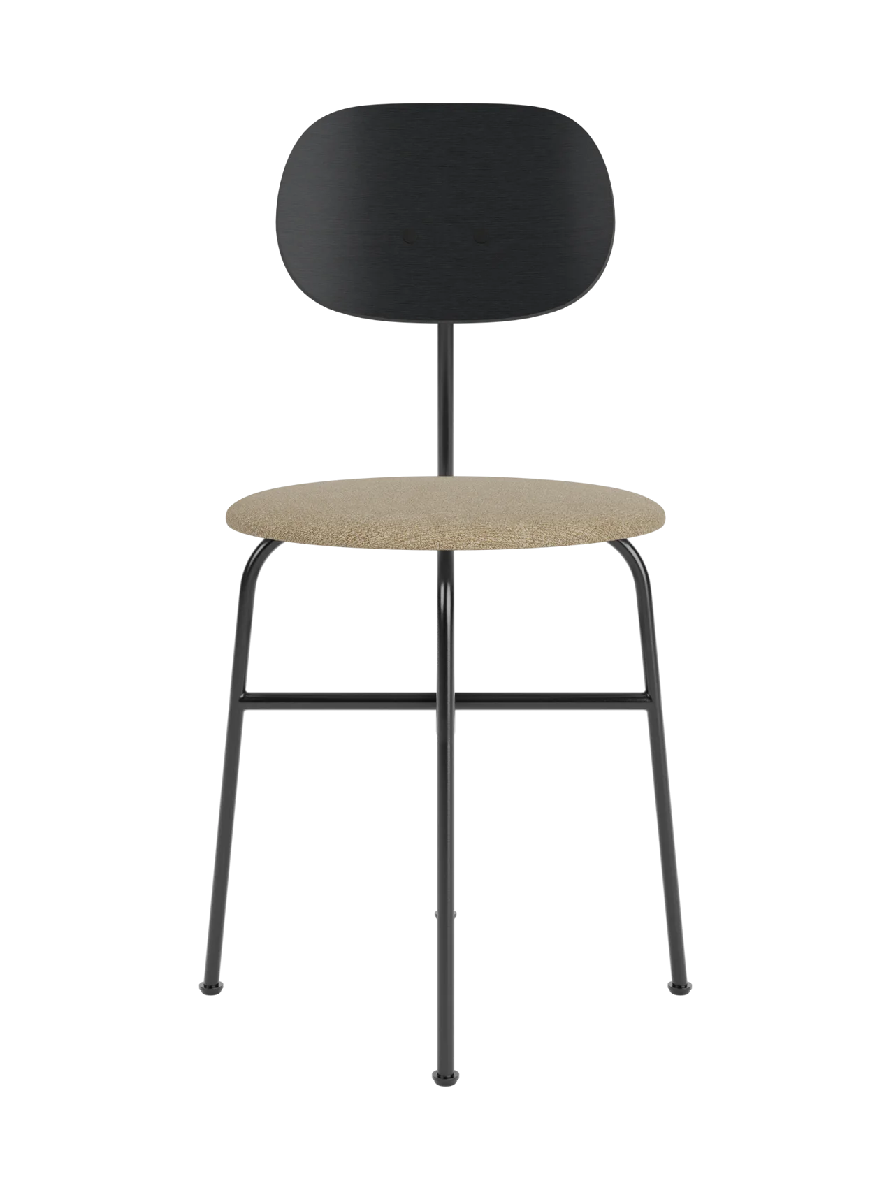 Afteroom Dining Chair Plus with a beige Audo Bouclé seat, black painted oak backrest and minimalist black steel frame.