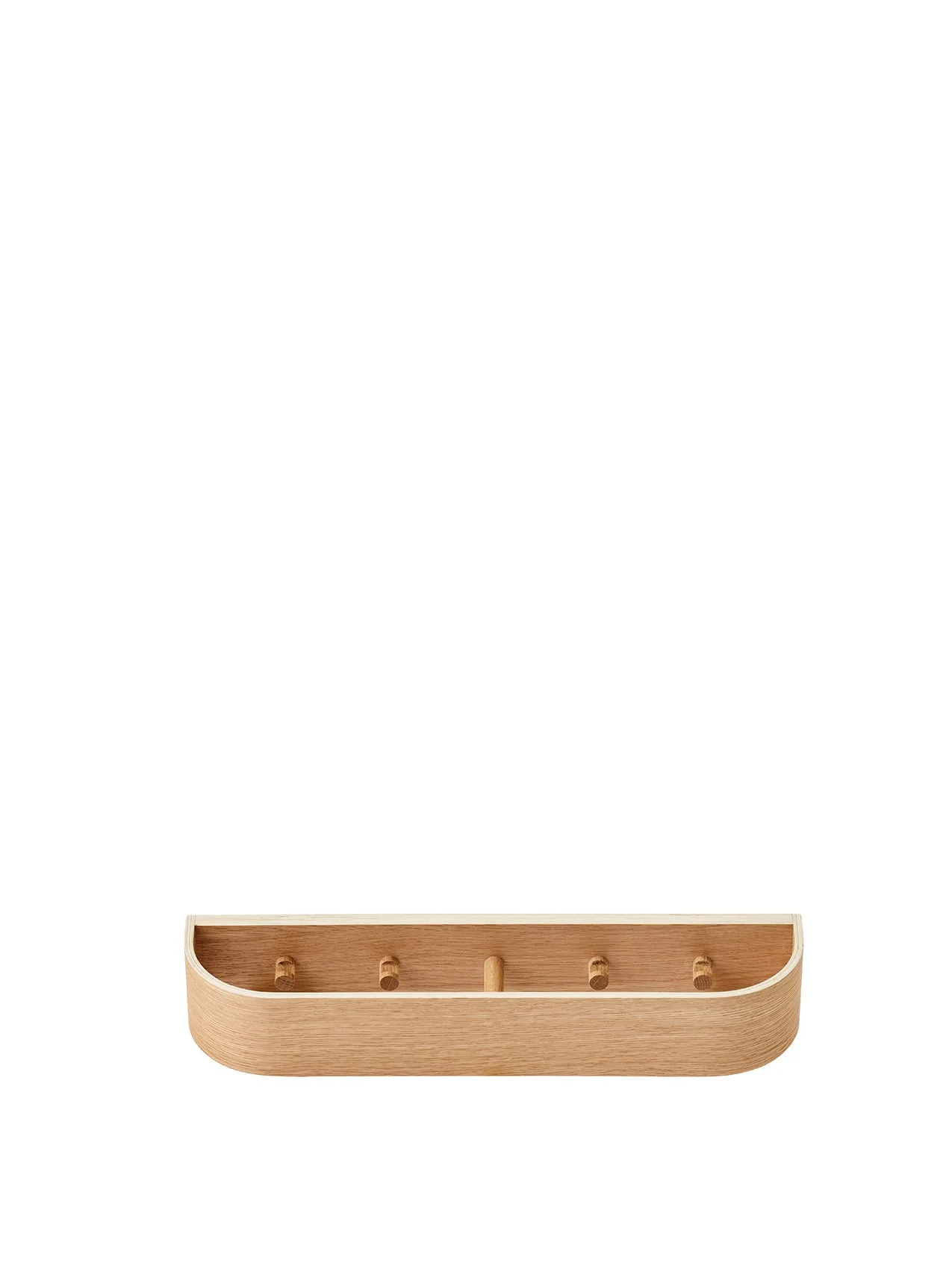 Front view of the Epoch Rack 50 in natural oak. The wall shelf has a minimalist, curved design with five internal pegs.