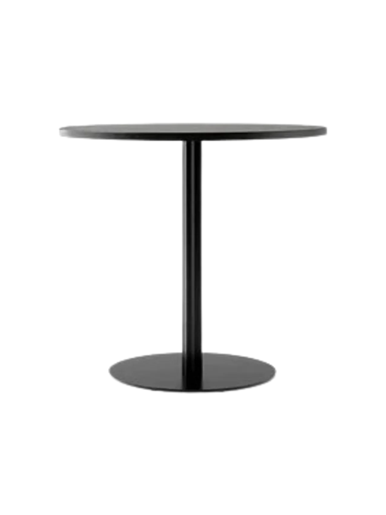A front-on view of the Harbour Column Dining Table with a round charcoal linoleum top and a black column on a round base.