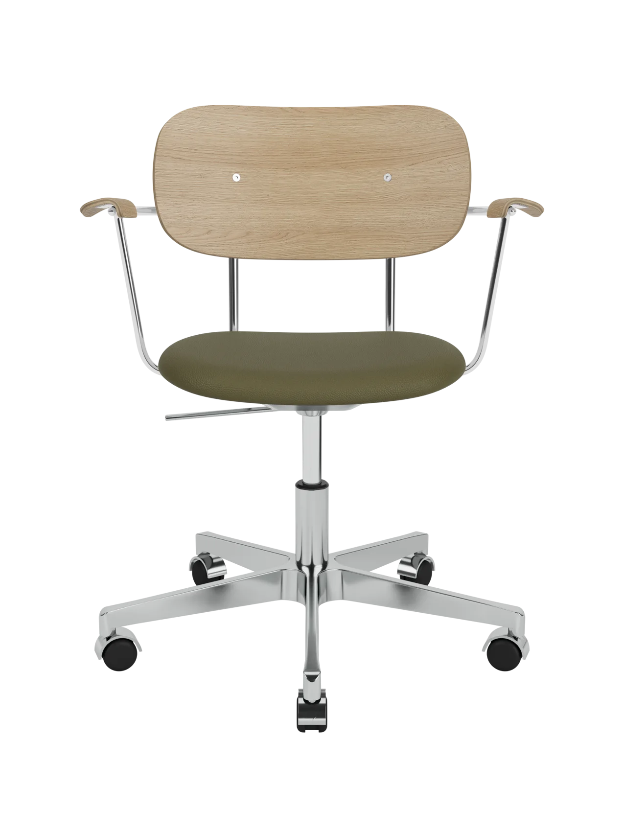 Co Task Chair with natural oak back, olive green Sierra leather seat and a polished chrome swivel base with castors.