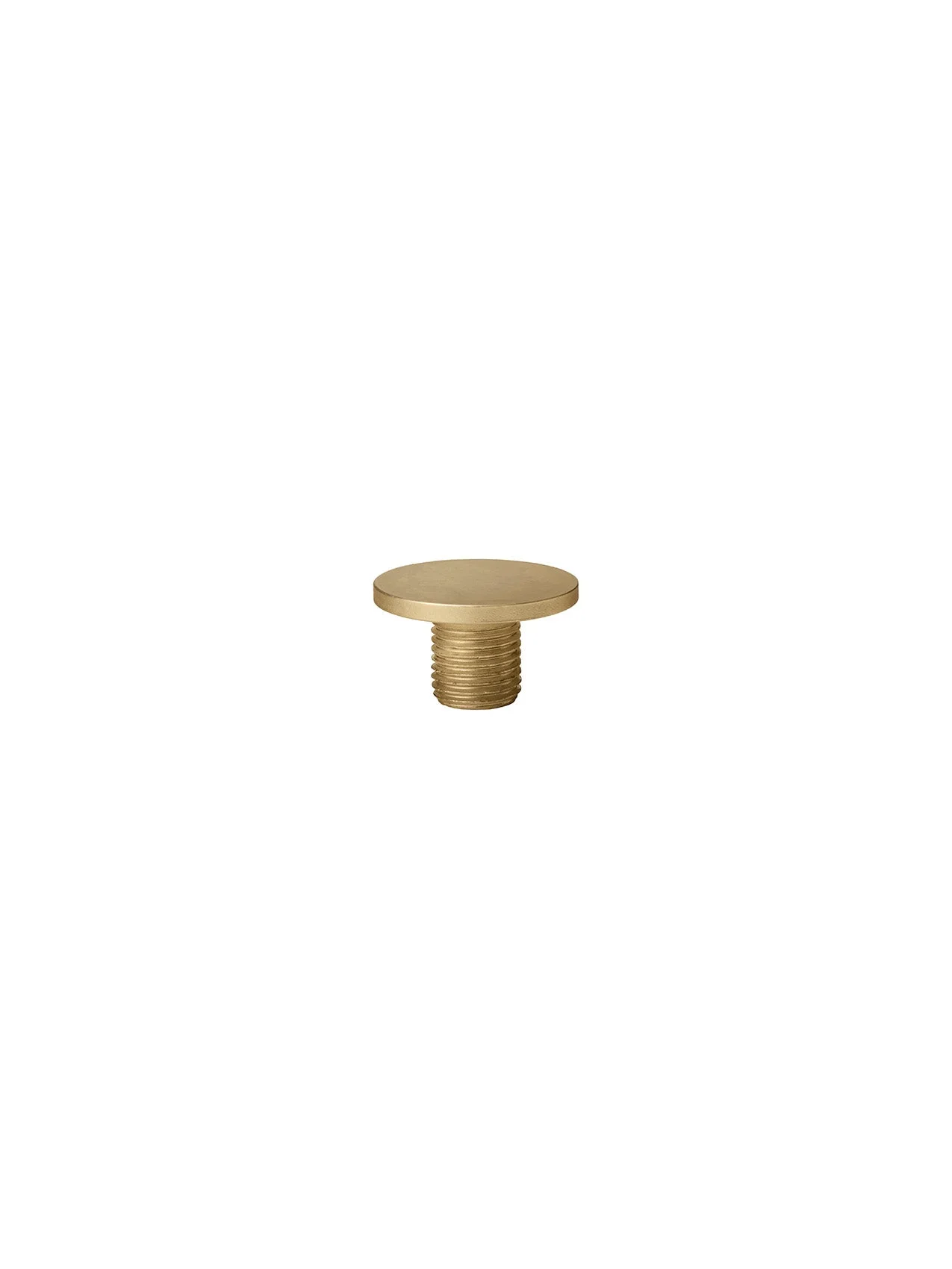 A brass Top Knob for the portable Torso Table Lamp, with a flat circular head and threaded base, on a white background.