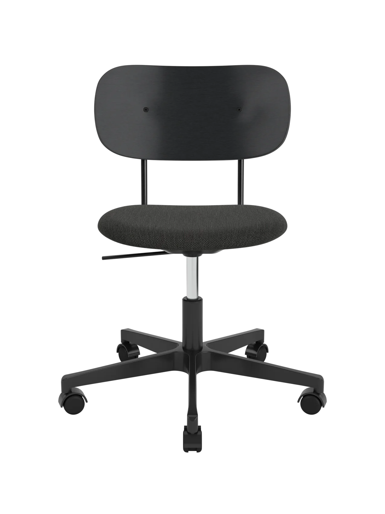 Co Task Chair with a black oak backrest and grey Re-wool upholstered seat on a black swivel base with castors.