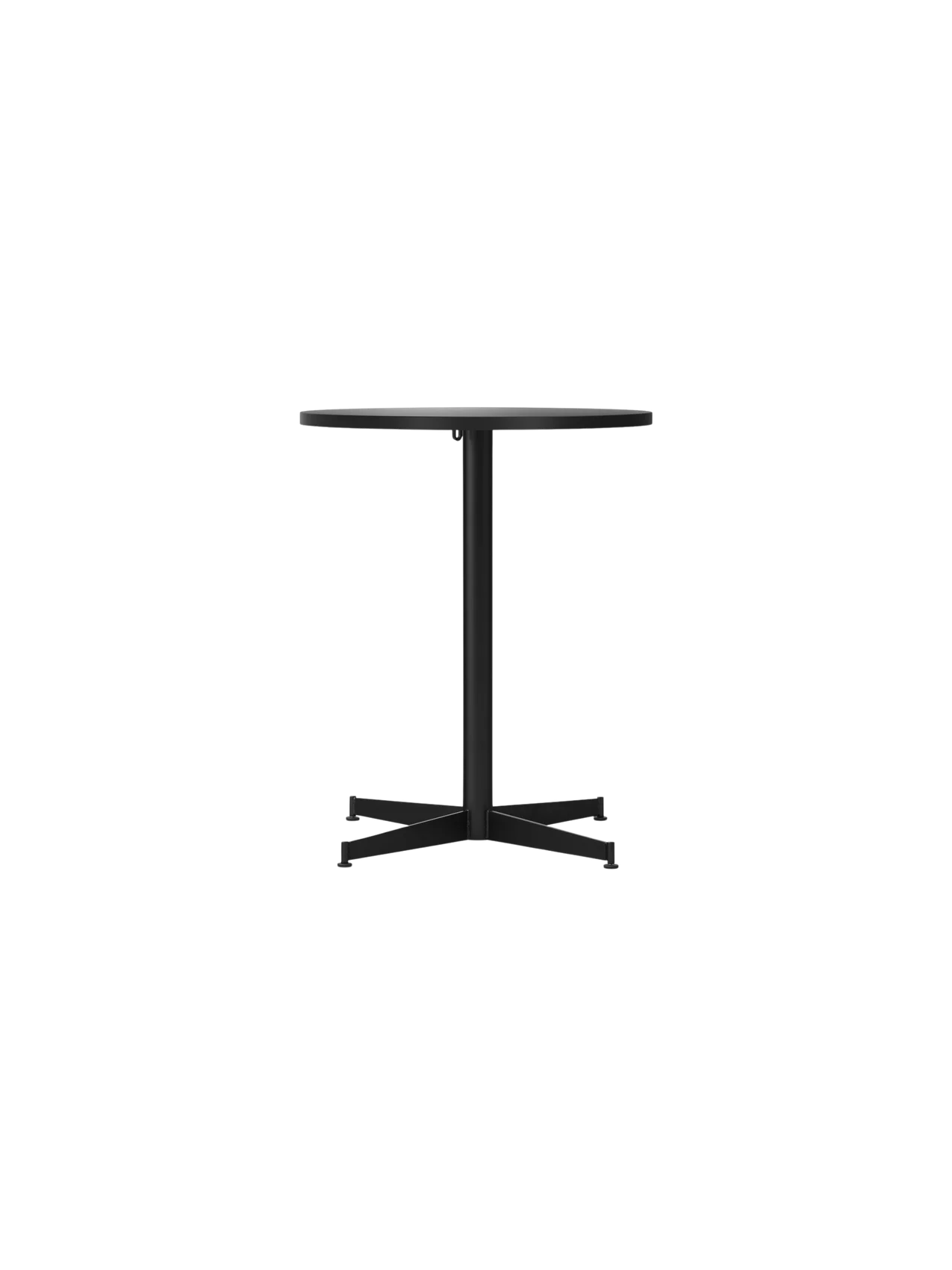 Front view of the Nook Dining Table with a round charcoal linoleum top and a slim, black powder-coated steel four-star base.