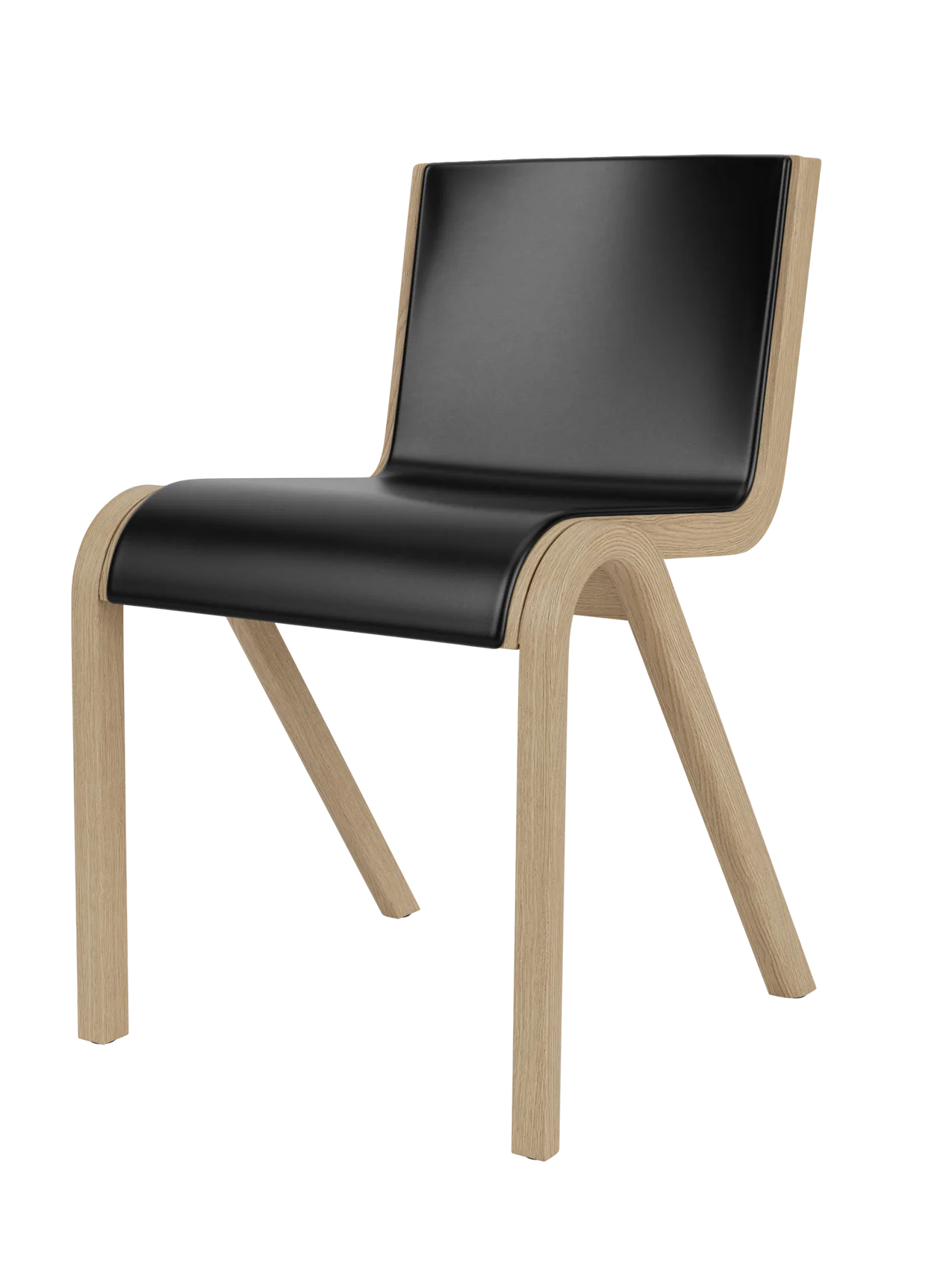 Ready Dining Chair in natural oak with black leather front upholstery, featuring a sleek, curved form-pressed design.