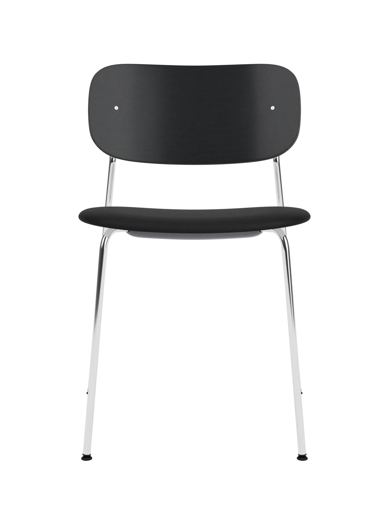Co Dining Chair featuring a black painted oak backrest, black leather seat and polished chrome legs.