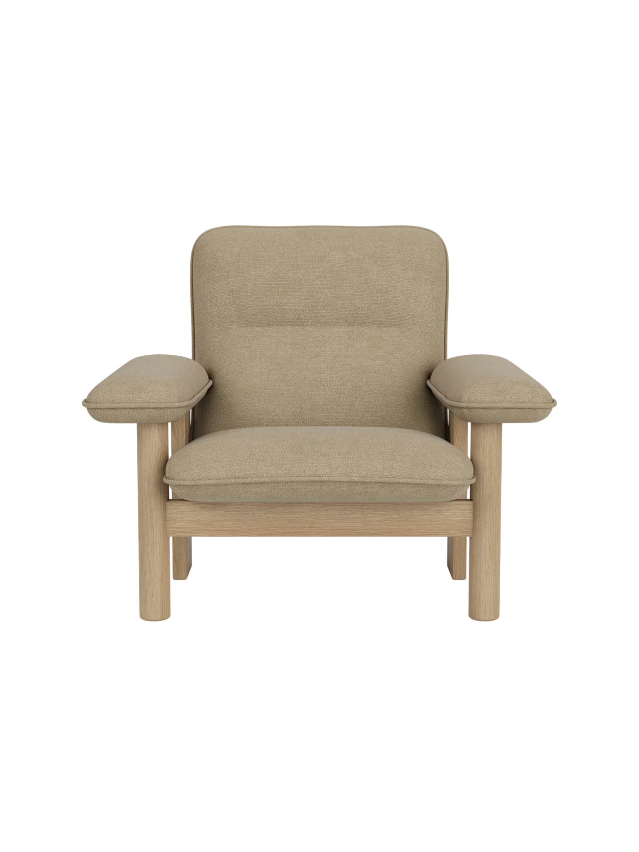 Front view of the Brasilia Lounge Chair with a natural oak frame and thick cushions upholstered in Audo Bouclé 02.