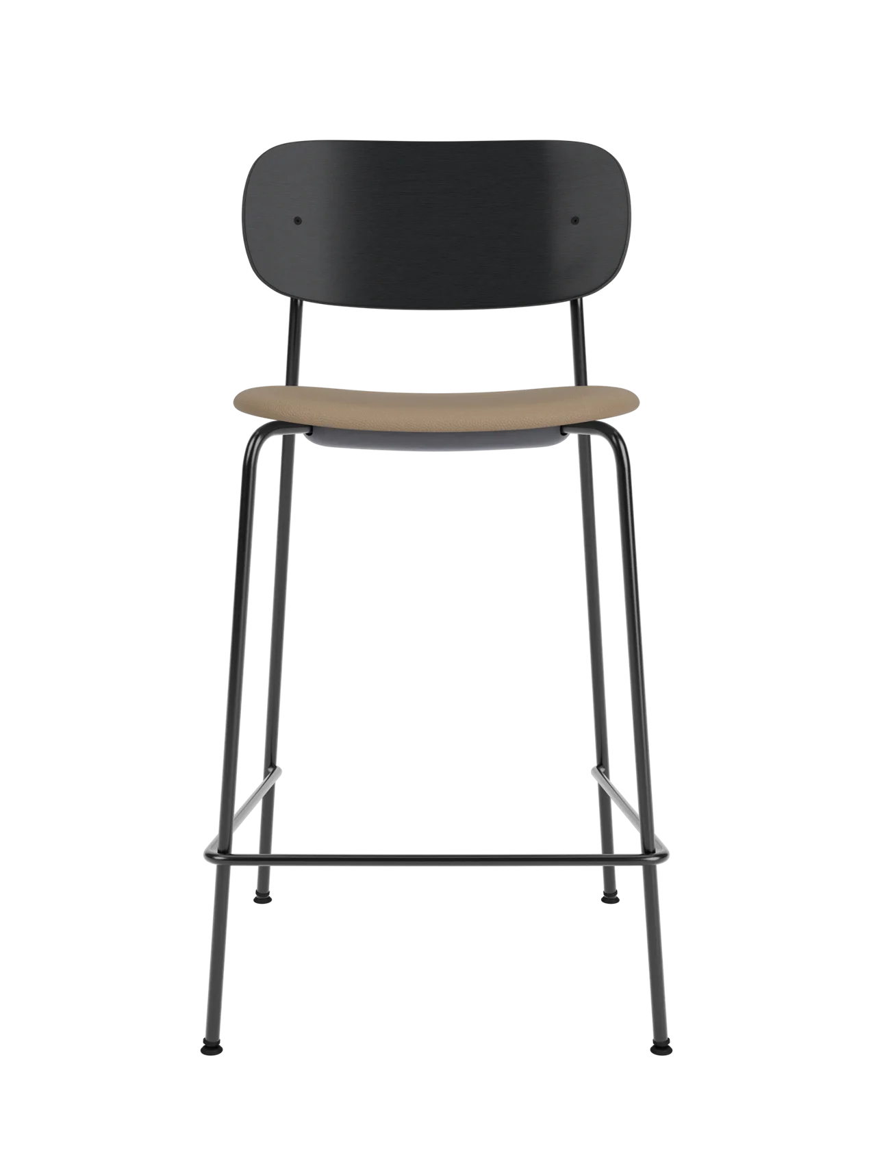 Black oak Co Counter Chair featuring a tan Sierra upholstered seat and slender black steel frame with a footrest.