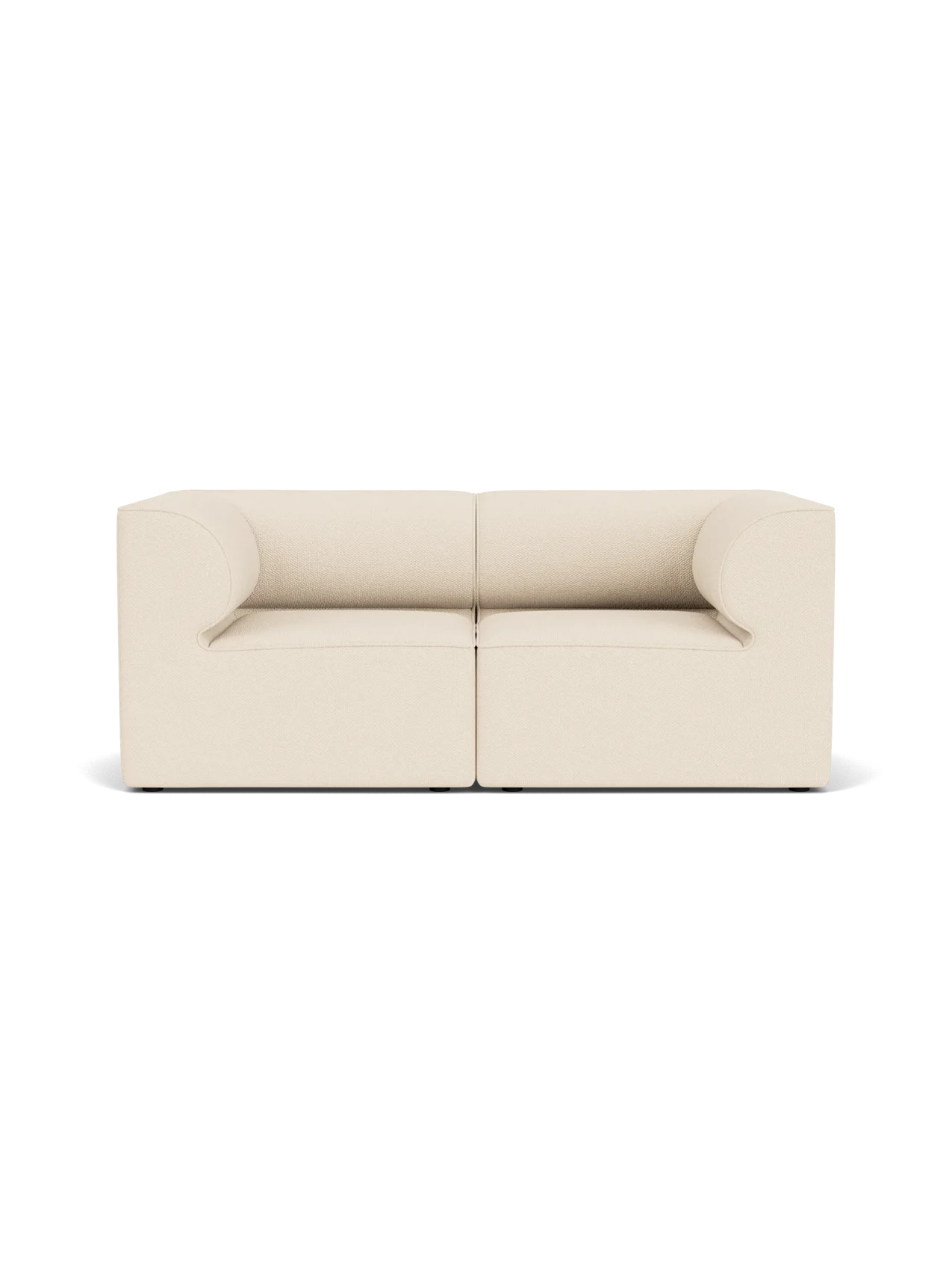 A front view of the Eave Modular Sofa, 86, 2 Seater in a textured, off-white Logan Jasmine fabric against a black background.