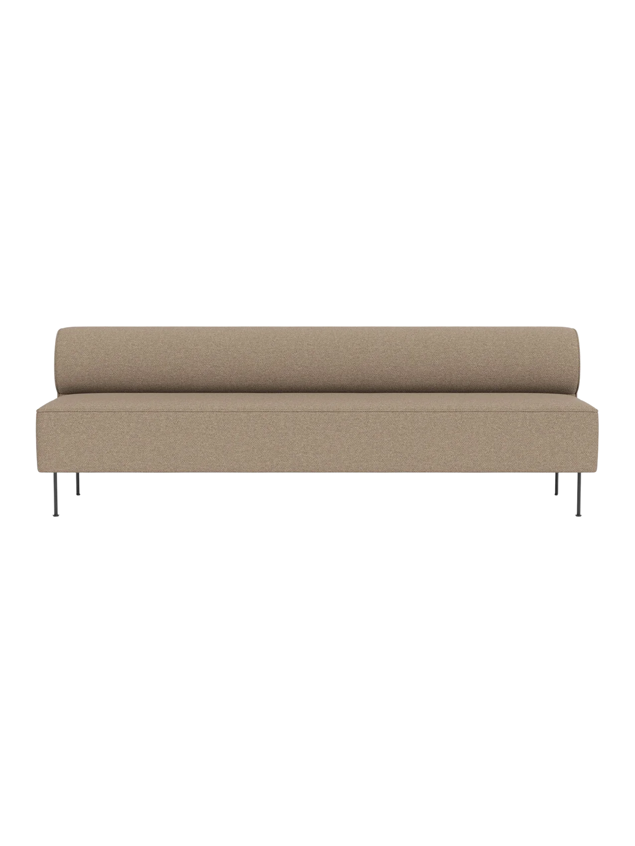 Front view of the Eave Dining Sofa in light brown Logan Flint fabric, featuring a minimalist design, low back and thin legs.